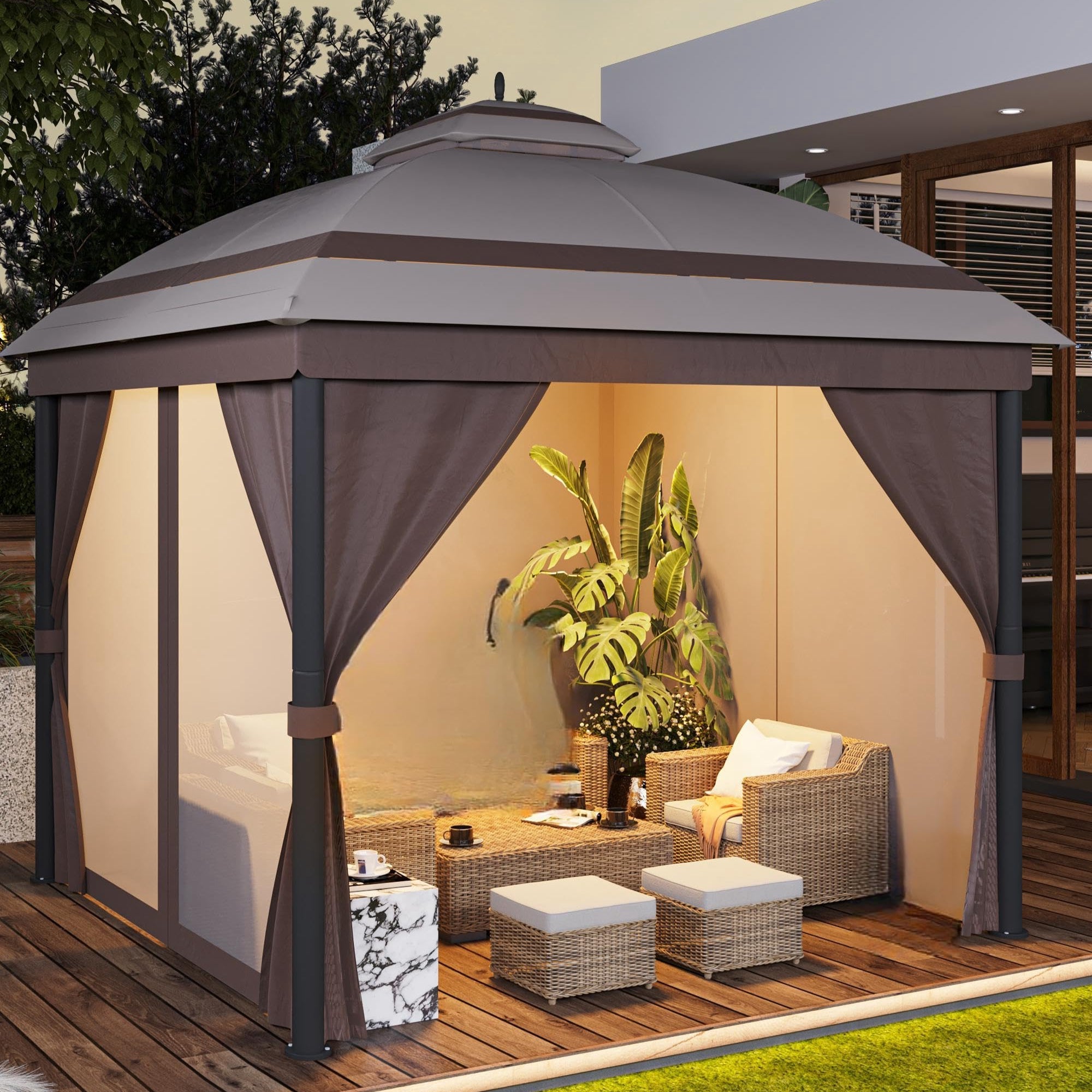 Garvee 10'x10' Outdoor Gazebo with Roof Reinforcing Bars Curtains and Netting for Backyard Garden Patio Poolside Deck，Brown