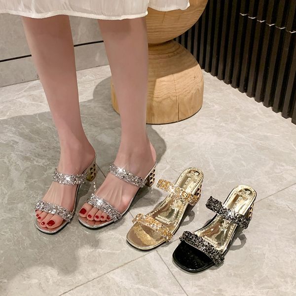 slippers Women&#039;s 2023 summer fashion Transparent belt metal decoration box shaped square Alien heel high heels wearing sandals bf3b s