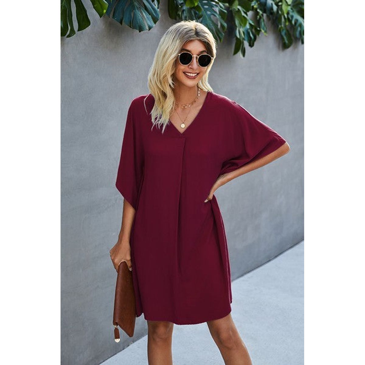 Women's V-Neck Dolman Sleeve Batwing-Style Dress - Wine - XLarge (12-14)