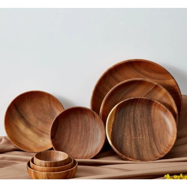 1pc Round Wooden Dried Fruit Snack Plate Handcraft Food Dish Tray Walnut Wood Tableware Japanese Kitchen Cake Stand