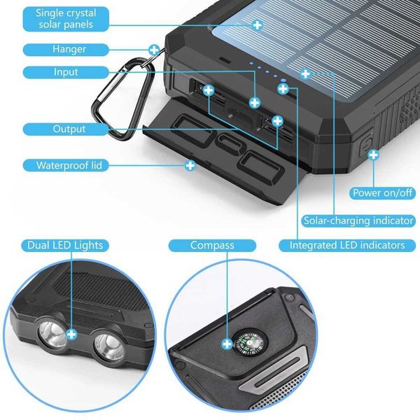 High Quality 10000mAh solar panel dual USB output with bright flash compass and chain suitable for most electronic products O241026