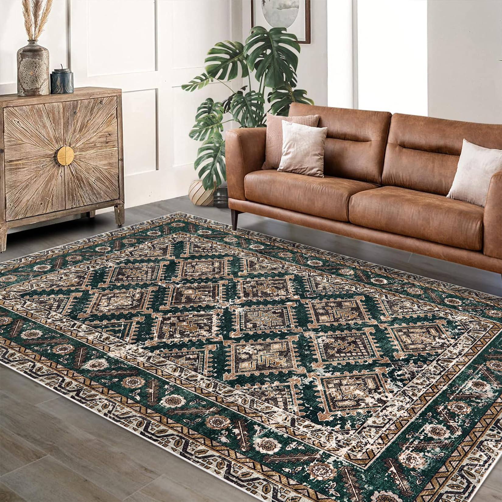 Garvee 5'x7' Washable Area Rugs, Durable Low Pile Non-Slip Carpet for Living Room, Office, Dining Room, Kids Room, Green