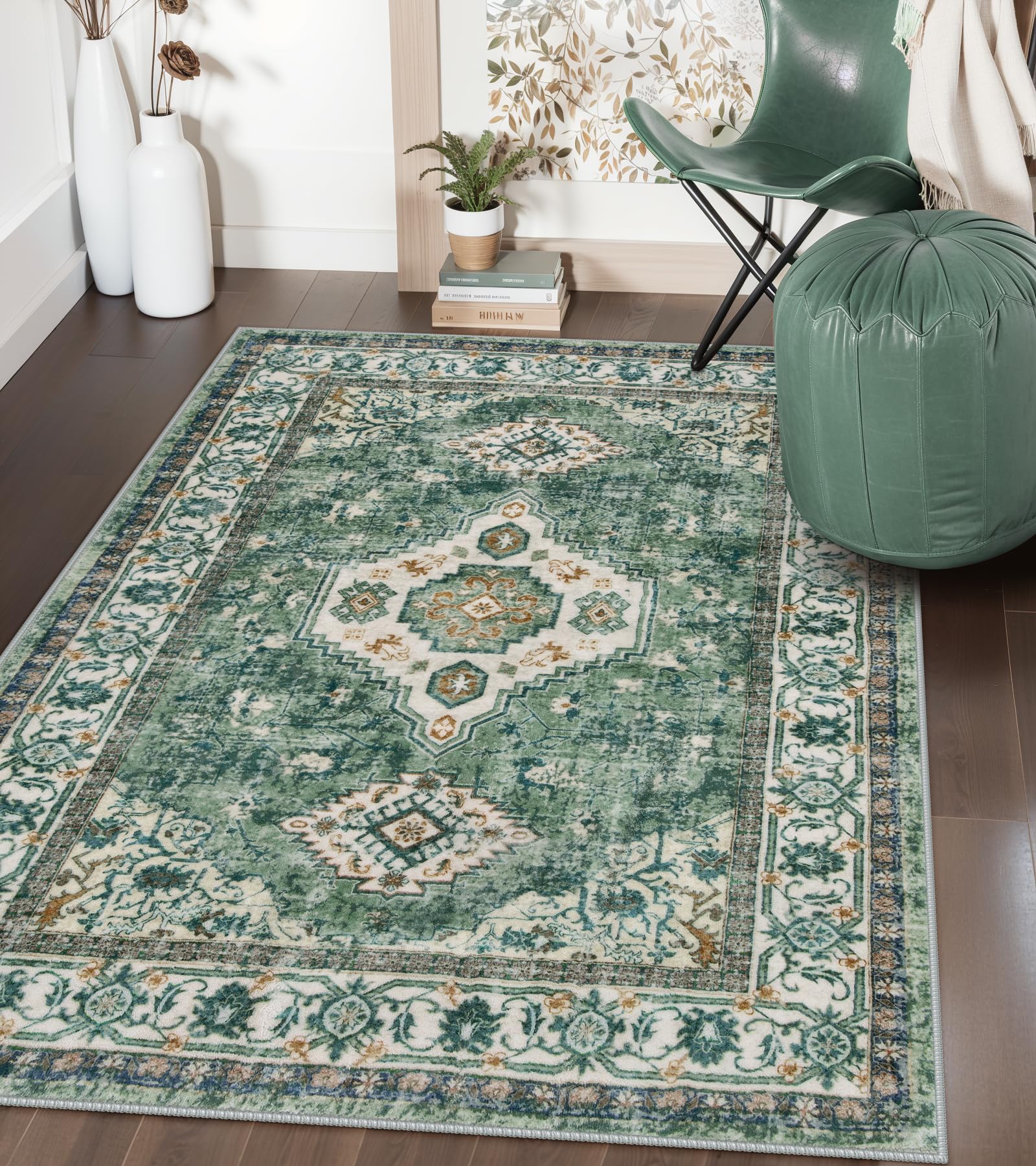 Lahome Oriental Machine Washable Rug, 3x5 Soft Green Rugs for Entryway Dorm, Non Slip Distressed Vintage Throw Carpet for Bedroom Living Room Entrance