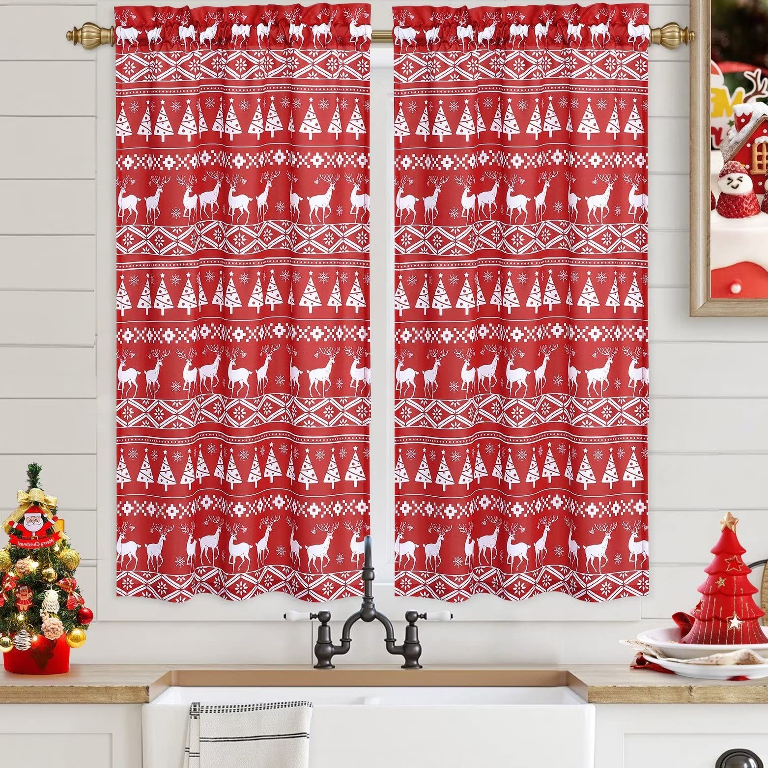 Garvee Christmas Short Curtains, Canvas Red Snowflakes Christmas Tree Deer Tier Curtains Blackout Rod Pocket Drapes for Short Window Cafe Curtain Tier