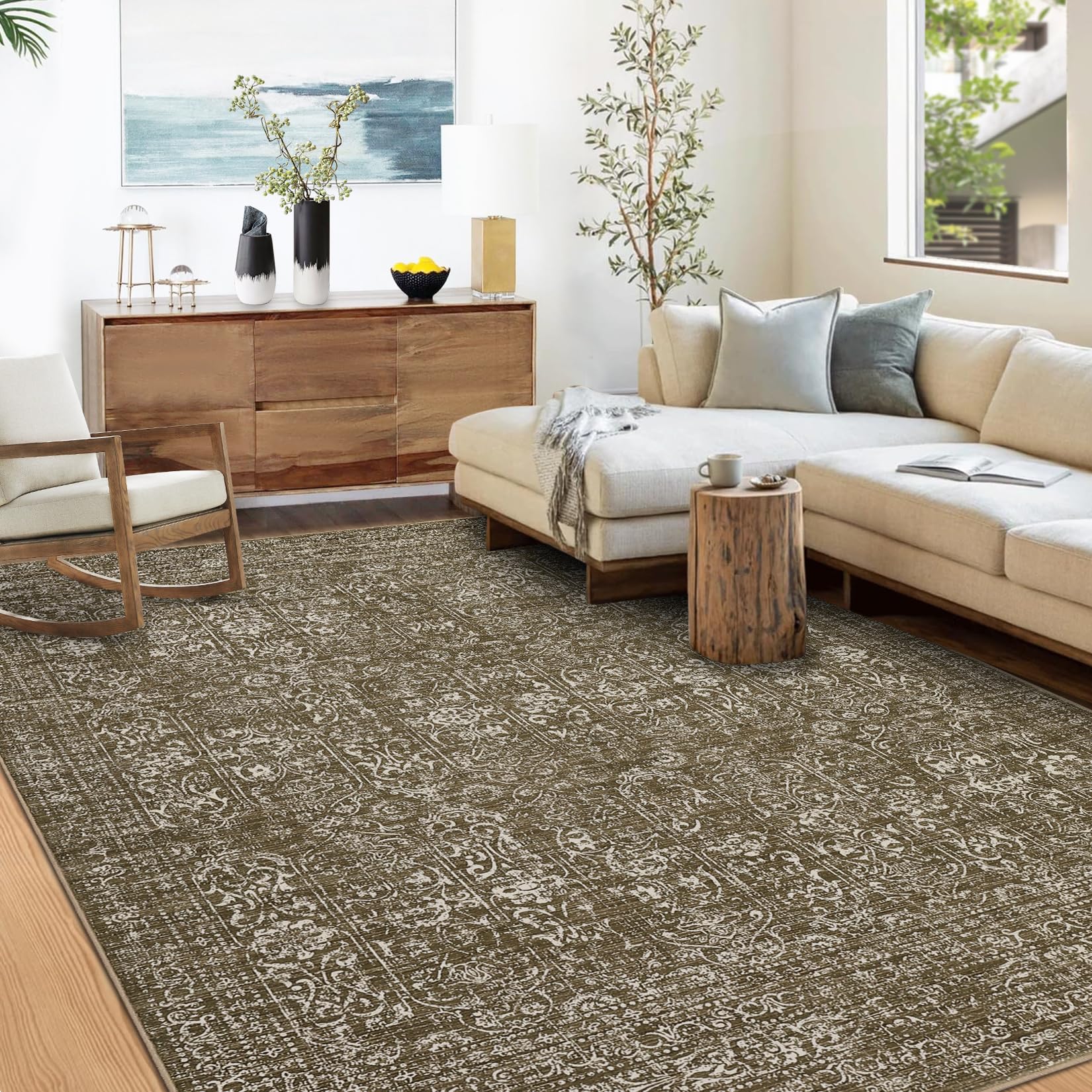 Garvee Area Rugs 9x12 Large Washable Indoor Carpet Non-Slip Backing Oriental Distressed Floral Camel Tone