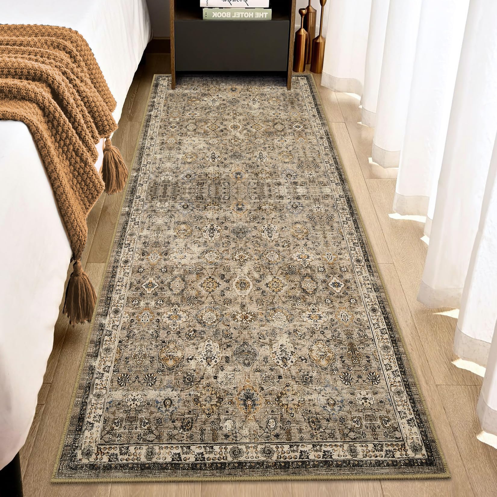 Garvee Vintage Floral 2x6 Runner Rug Beige Boho Washable Non-Slip Thin Faux Wool Carpet for Kitchen Hallway Bedroom