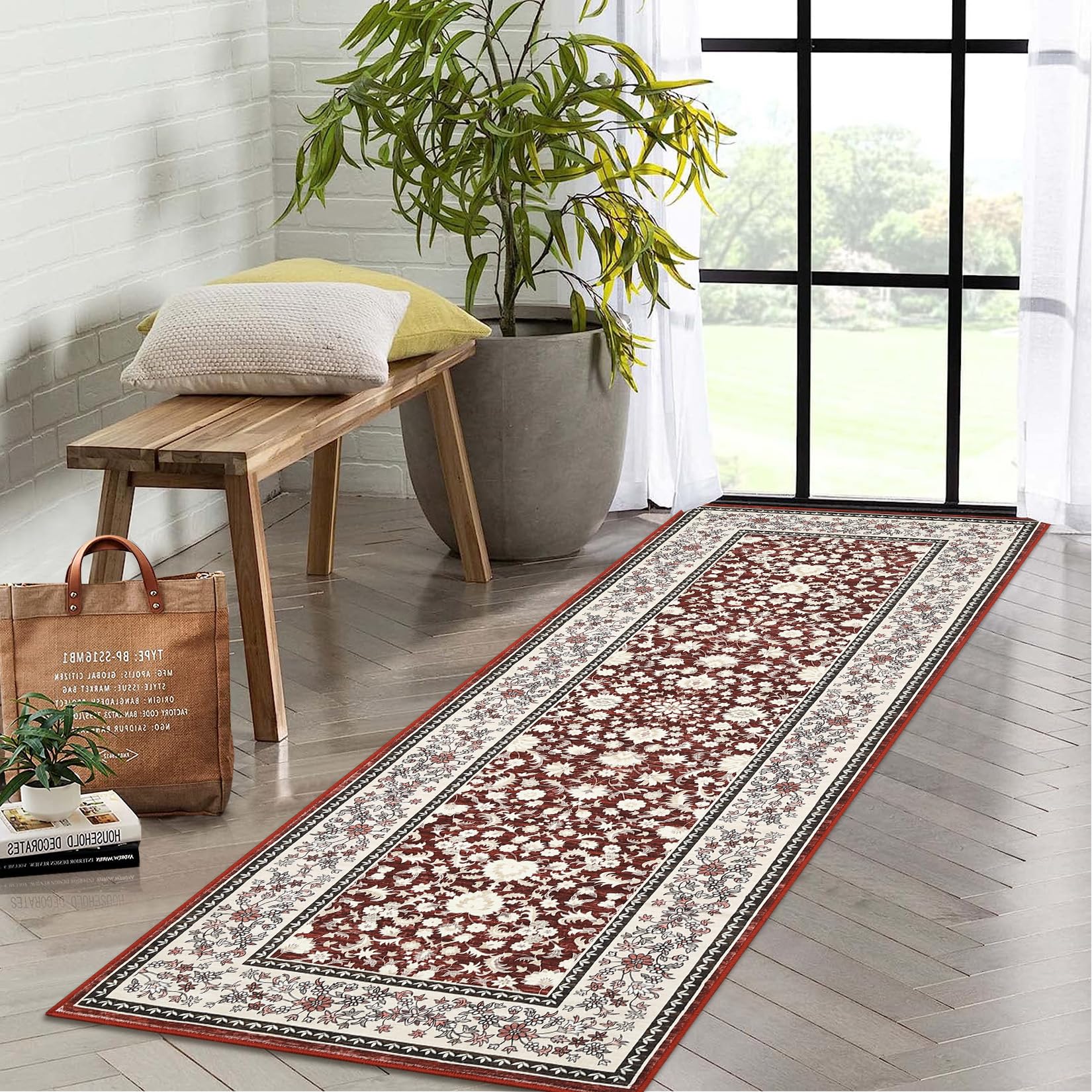 Garvee Washable Runner Rug Vintage 2x6 Red Non-Slip Kitchen Hallway Low-Pile Carpet