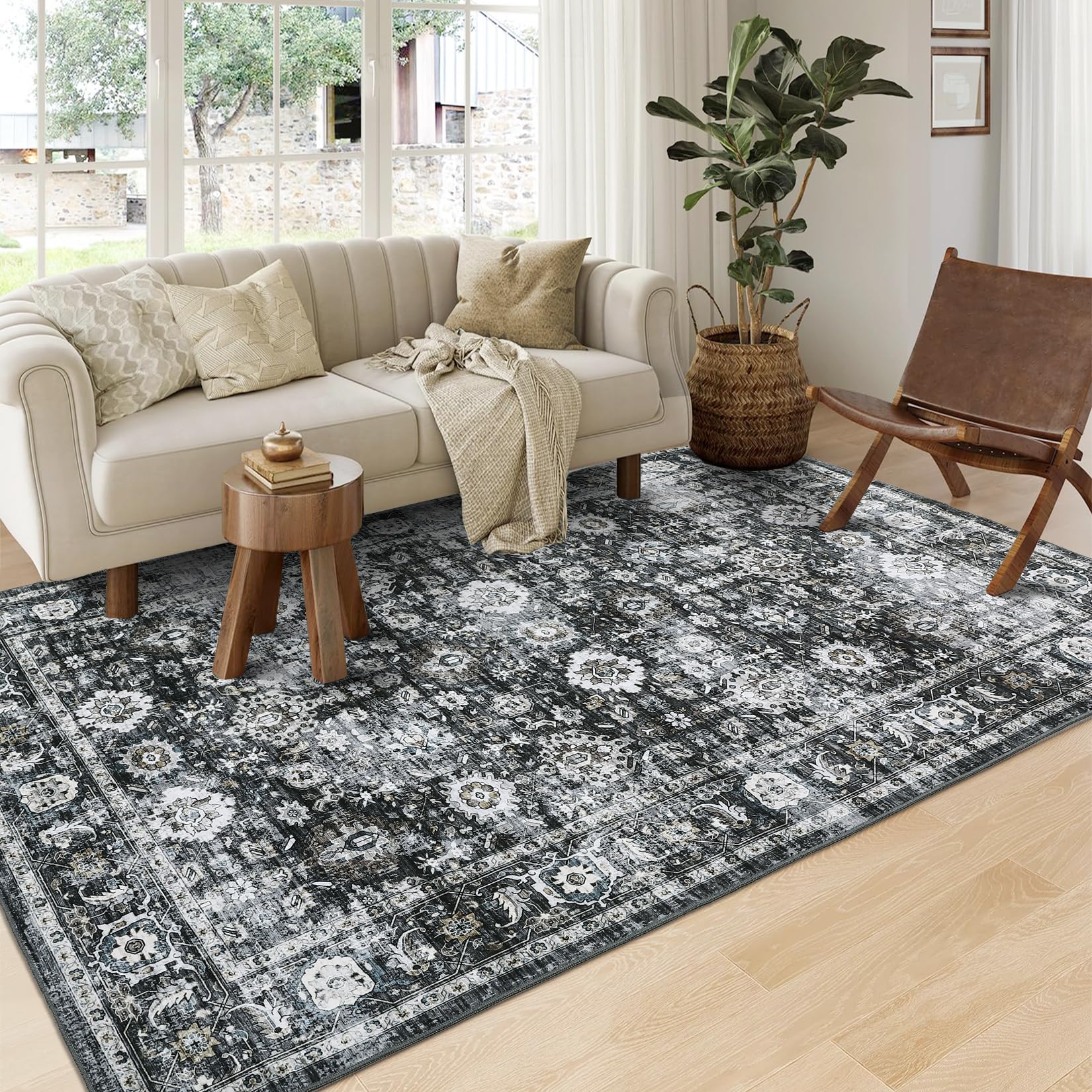 Garvee Area Rug 8x10 Vintage Living Room Rug Non Slip Retro Floral Oriental Indoor Carpet Black
