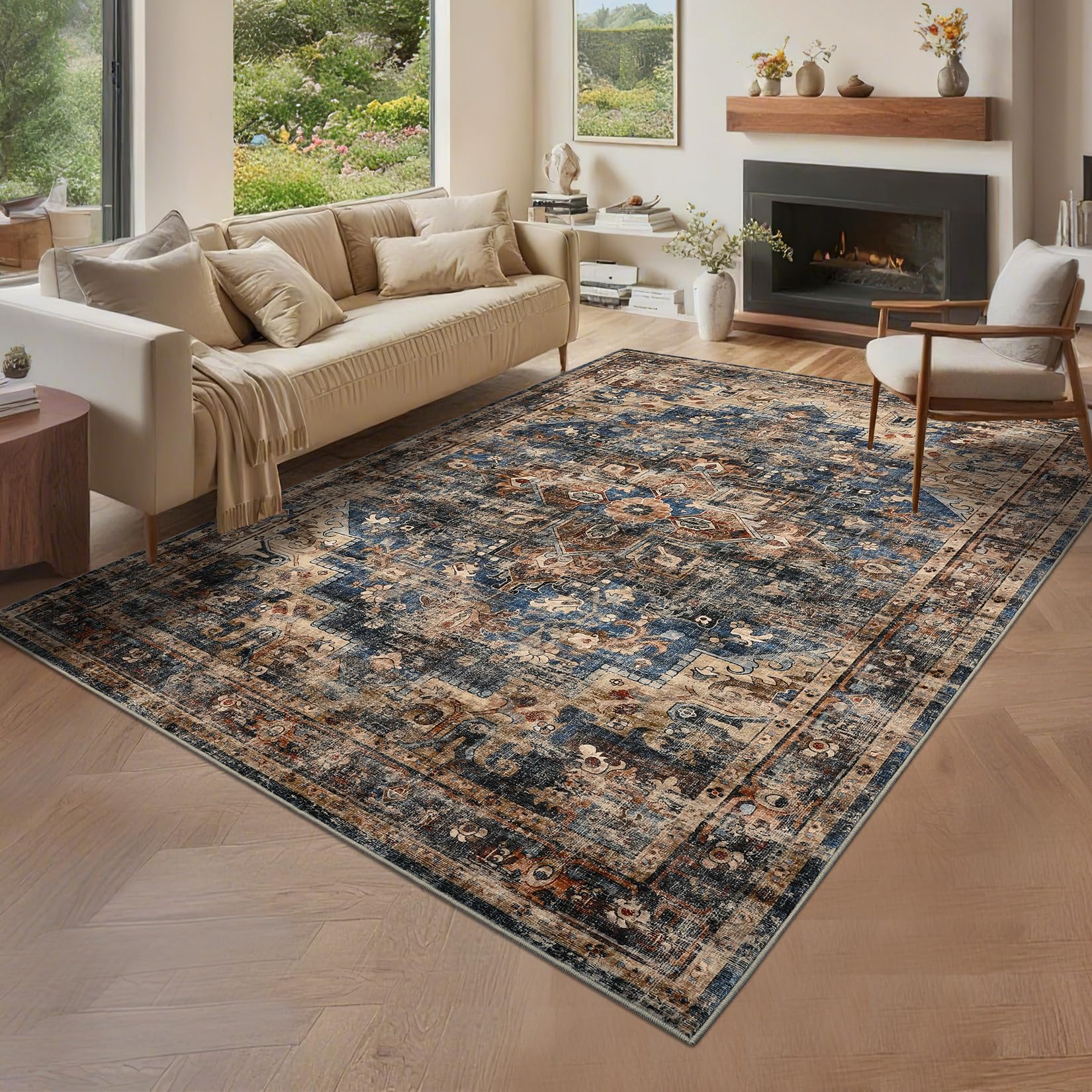 Garvee 8x10 Washable Vintage Living Room Area Rug Non-Slip Blue&Brown Large Indoor Carpet