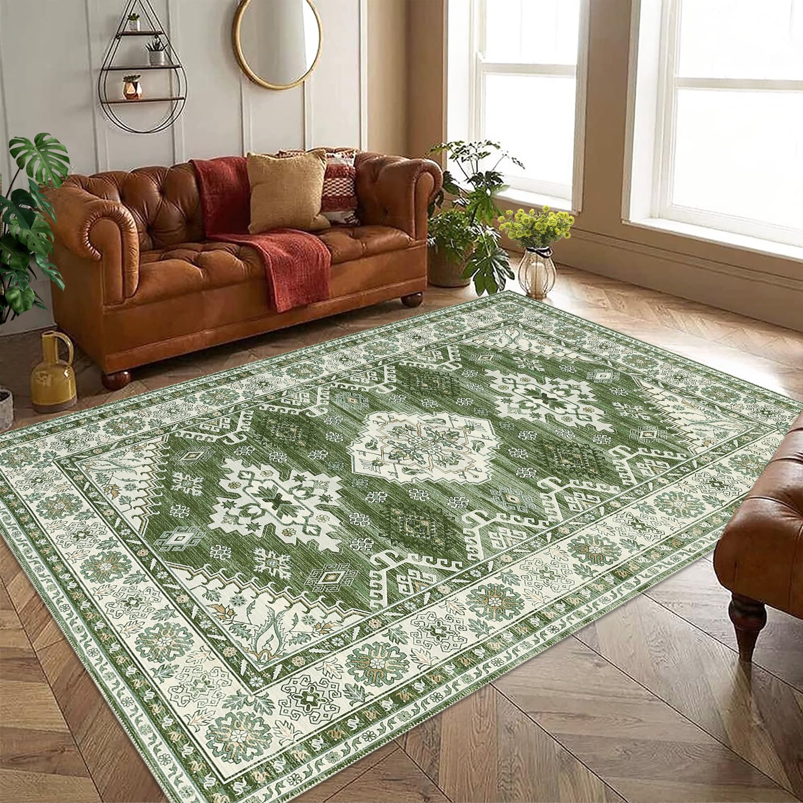 Garvee 4x6 Washable Non Slip Rug Vintage Low Pile Stain Resistant Indoor Carpet for Living Room Bedroom Home Office, Blue