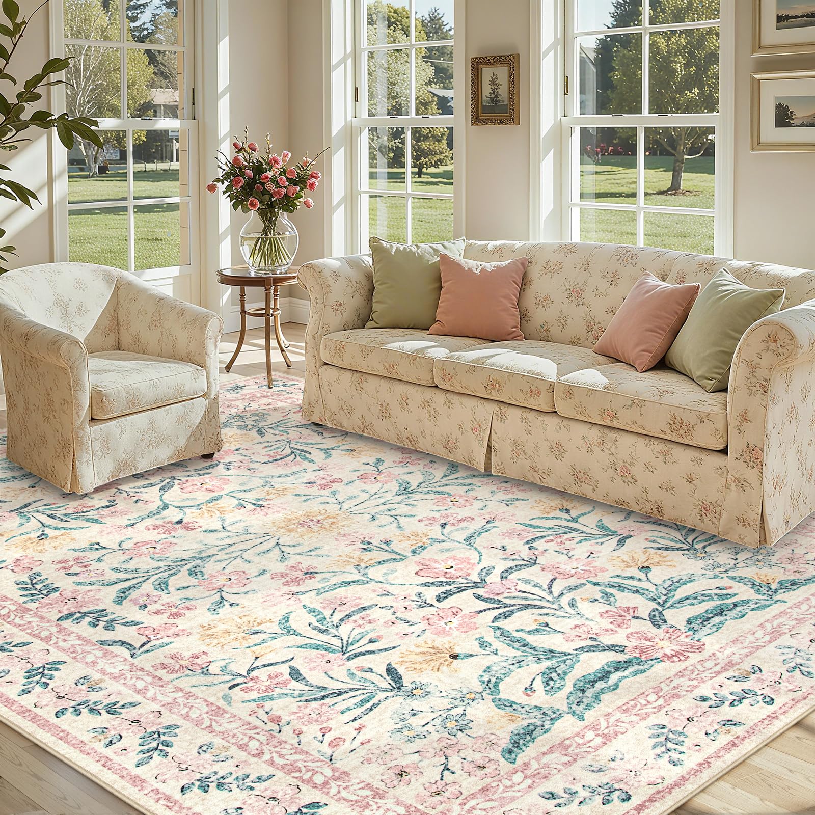 Lahome Large Rugs for Living Room, Boho Machine Washable Area Rugs 8x10, Ultra-Thin Soft Distressed Floral Carpets Non Slip for Bedroom Office Dining