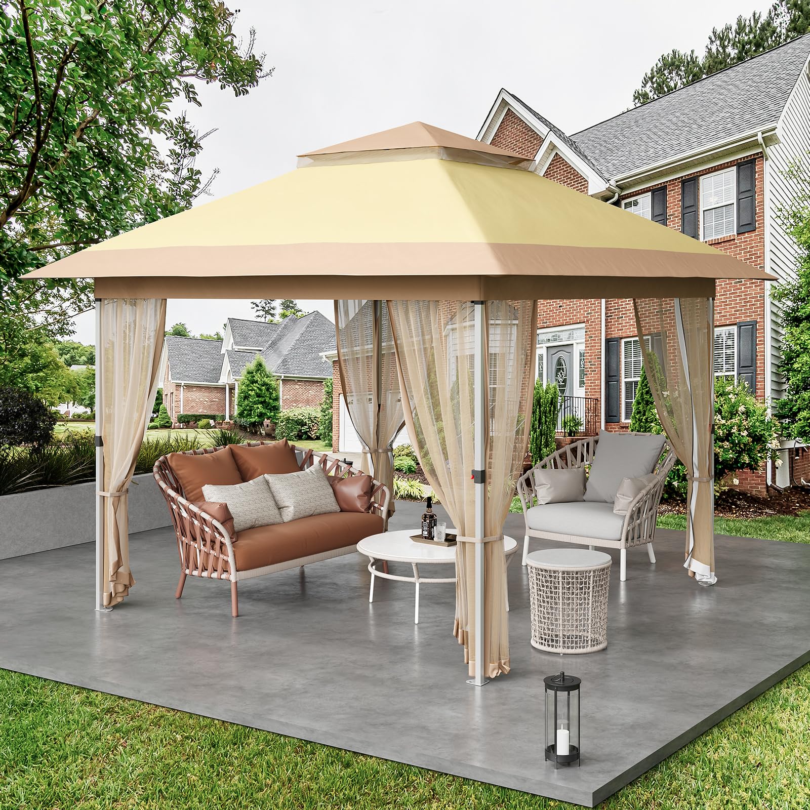 Garvee 11'x11' Gazebo Outdoor Canopy Tent with Curtains 144 Square Shelter Mosquito Netting 2-Tiered Vented Top for Patio Backyard Beige