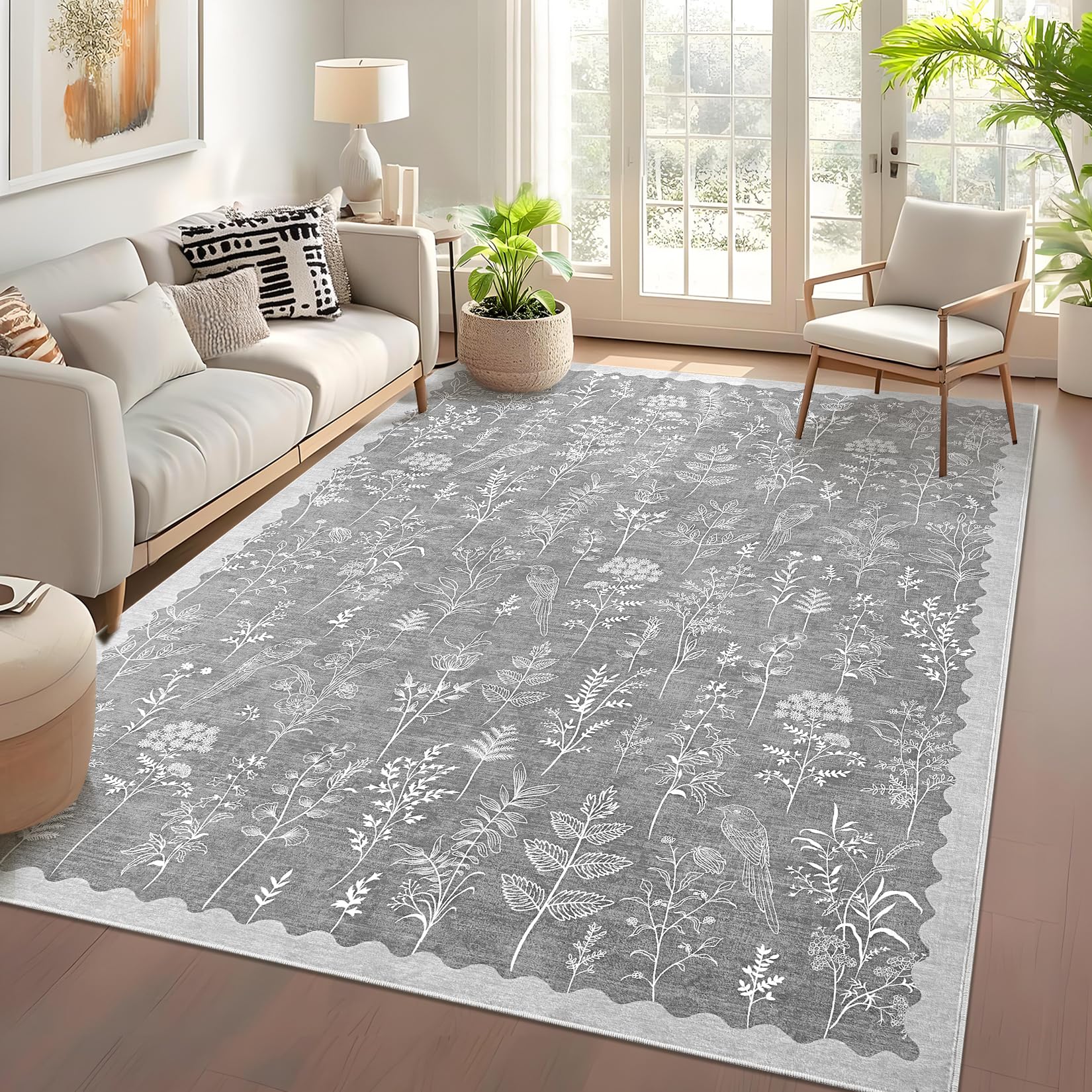 Garvee Washable Area Rug 9x12 Large Low Pile Floral Living Room Rug Gray Stain Resistant Ultra Soft Non Slip Carpet