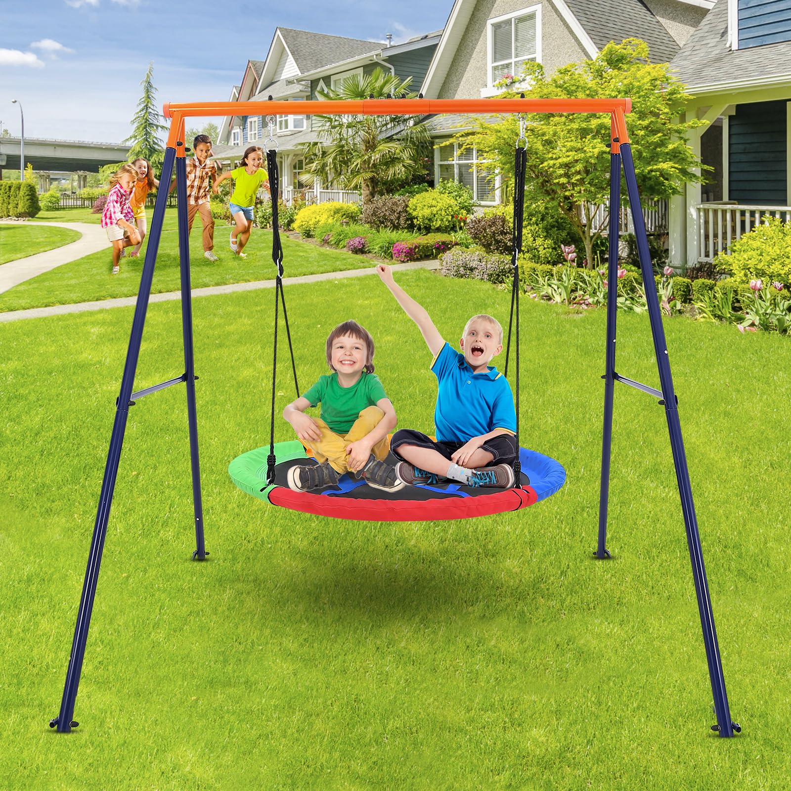 Garvee Kids Saucer Swing Set + Heavy-Duty Metal Frame + Adjustable Ropes + Durable Polymer Seat + Non-Slip Surface + 440lbs Load + Backyard, Playgroun