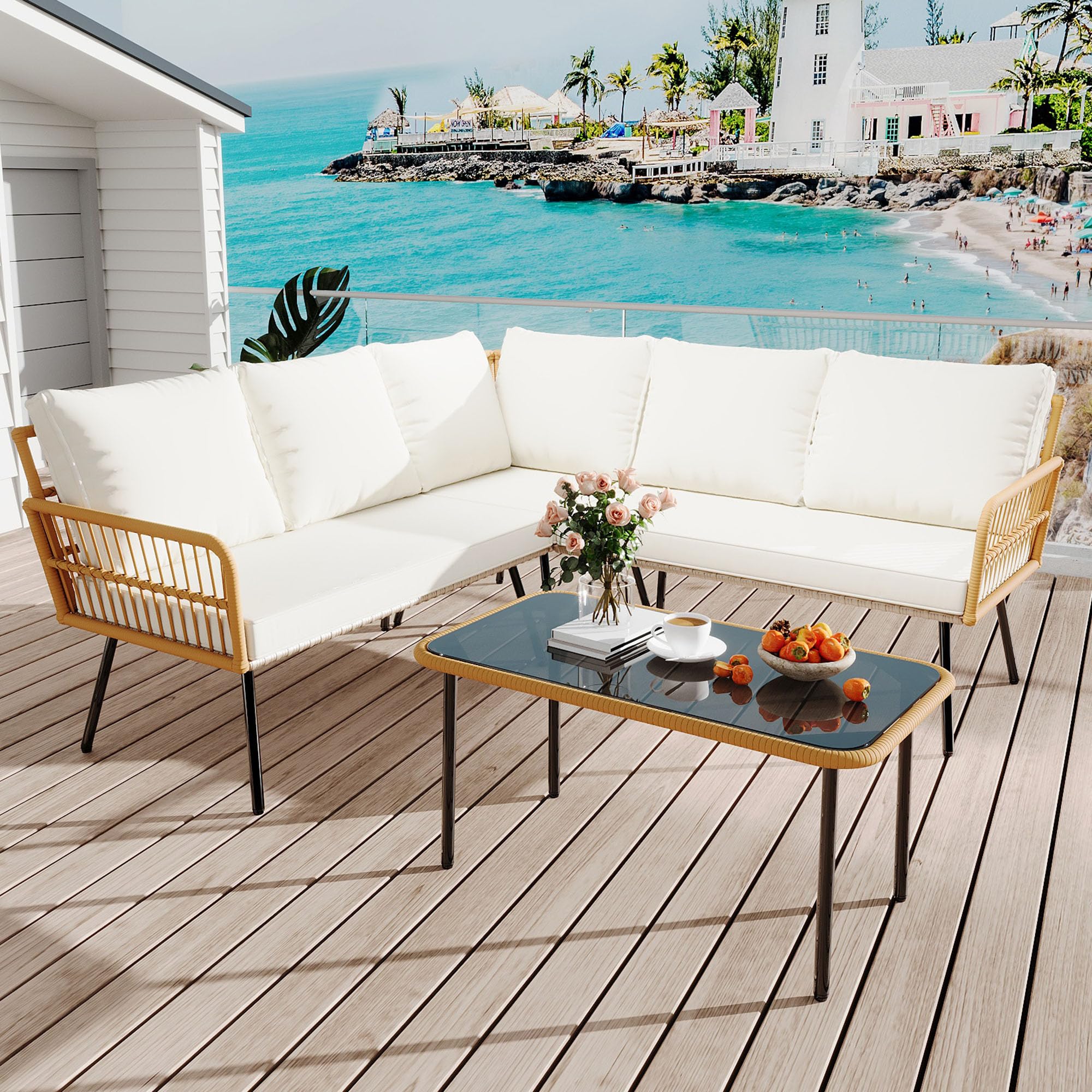 Garvee 4-Piece Outdoor Wicker L-Shaped Sectional Set, All-Weather Rattan with Glass Top Coffee Table & Cushioned Chairs, Beigeable & Cushioned Chairs,