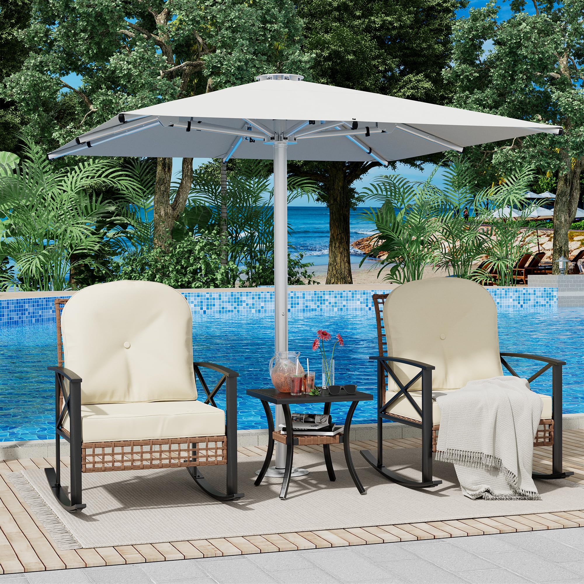 Garvee 3 Piece Rattan Rocking Bistro Set, Patio Furniture with 2 Cushioned Rocker Chairs and a 2-Tier Coffee Table, Outdoor Conversation Set for Garde
