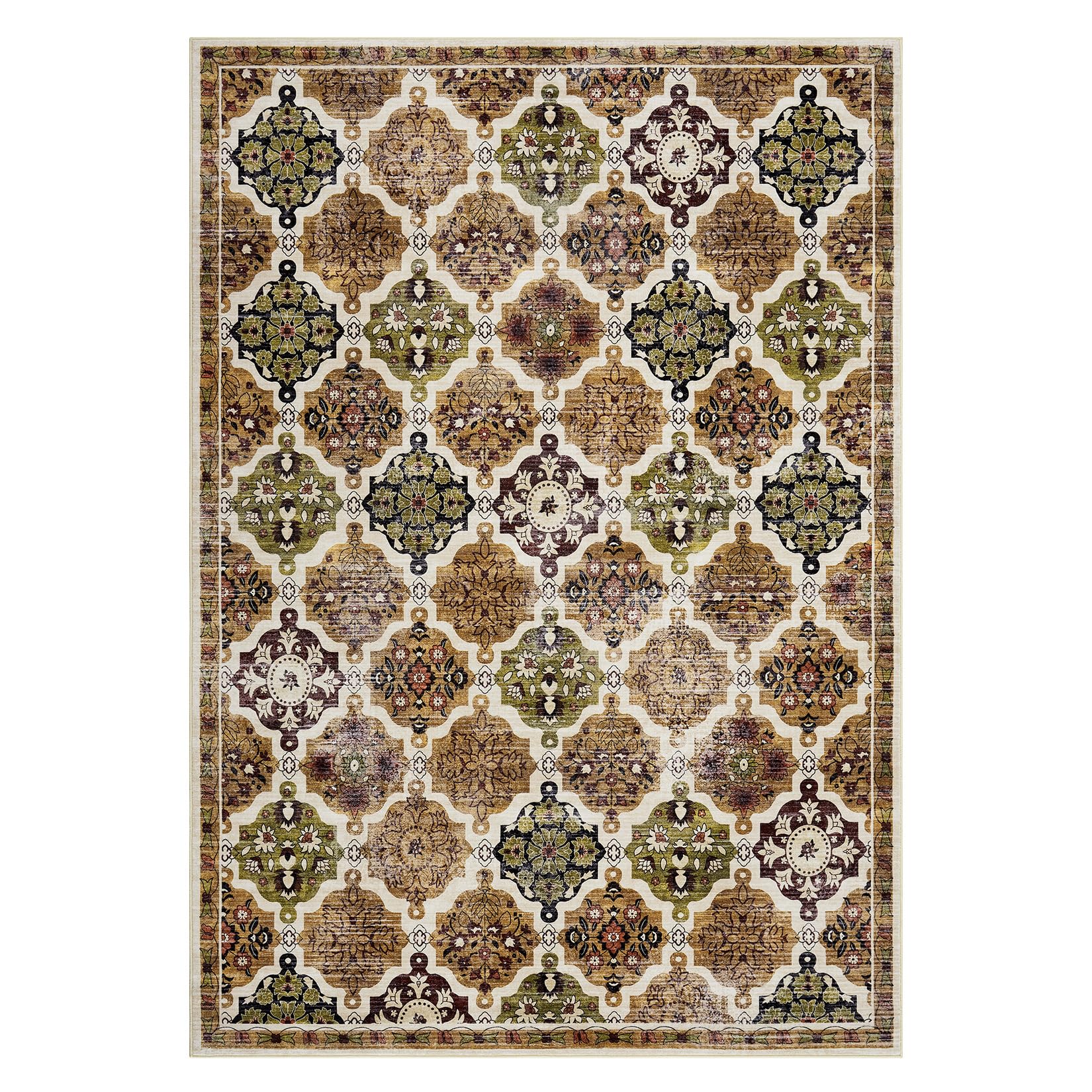 Garvee Boho Floral Checkerboard Washable Area Rug, Non-Slip Accent Carpet for Bedroom Living Room Kitchen Office, Brown 5x7Ft