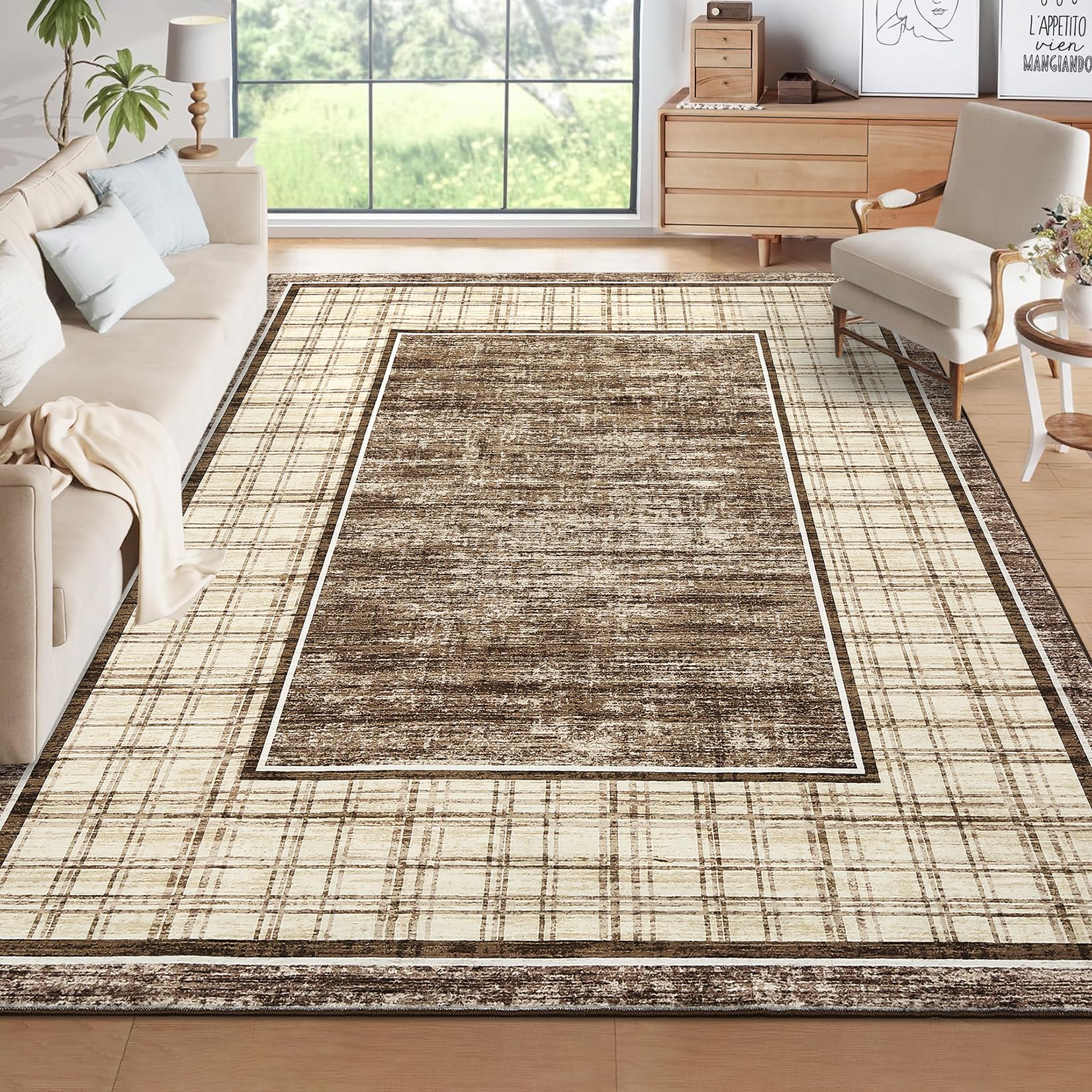 Garvee Living Room Rug 10x13, Machine Washable Large Carpet, Non Slip Low Pile Throw Rug, Ultra Soft Indoor Floor Carpet, Brown
