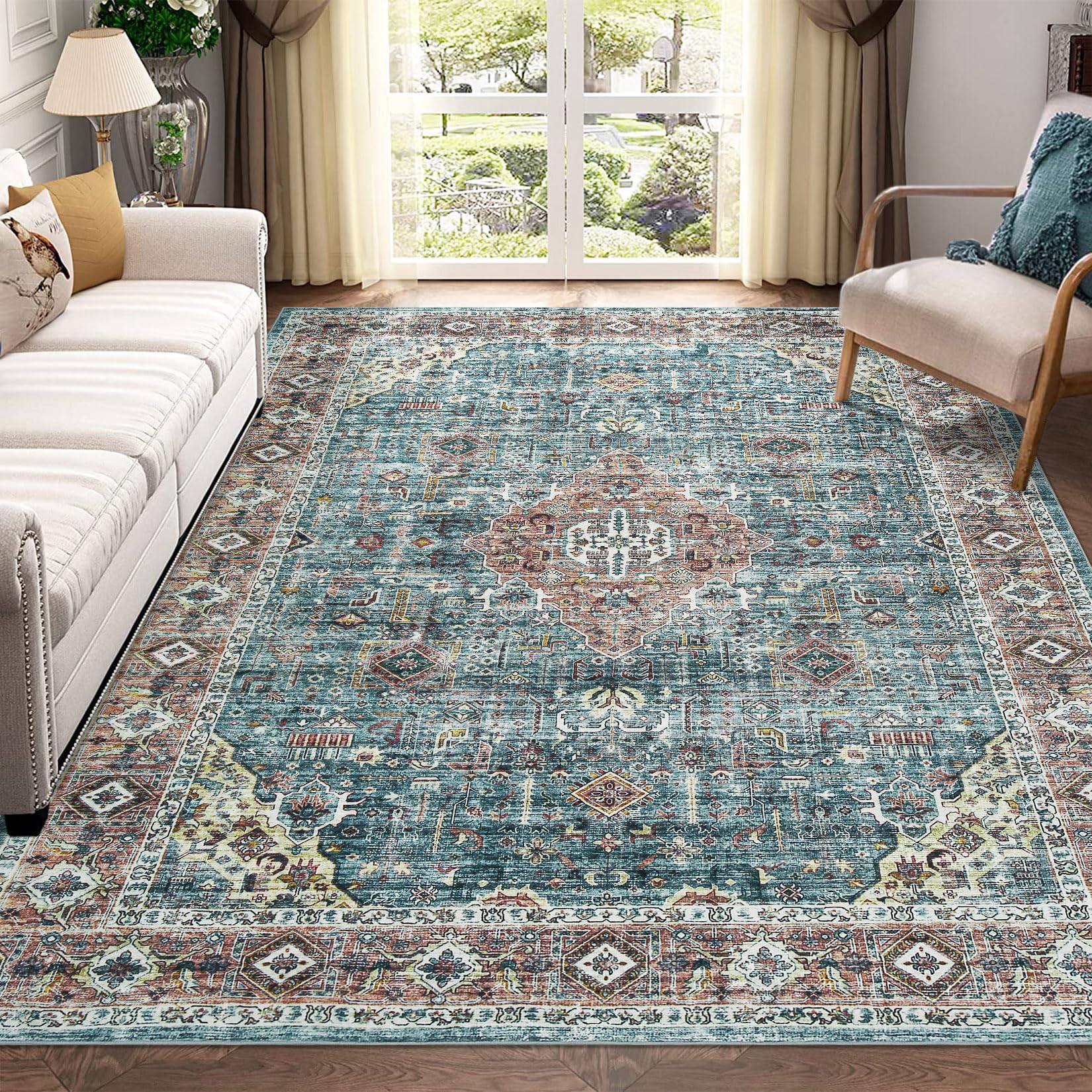 Garvee Large Living Room Rug 10x13 Washable Stain Resistant Indoor Carpet Green Vintage Floral Low Pile