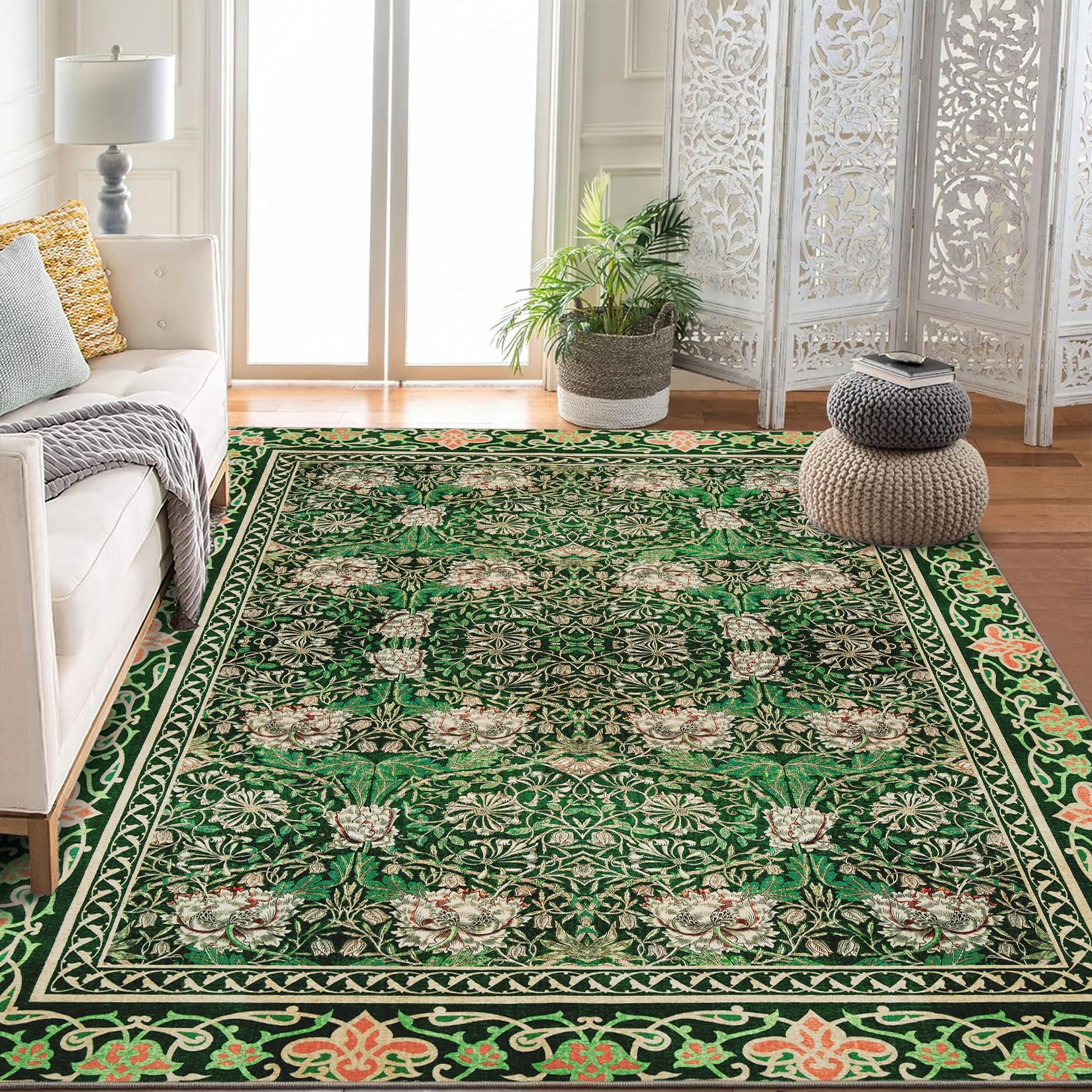 Garvee Area Rug Machine Washable Vintage Floral Carpet Non-Slip Low Pile for Living Room Bedroom 10x13Ft Green