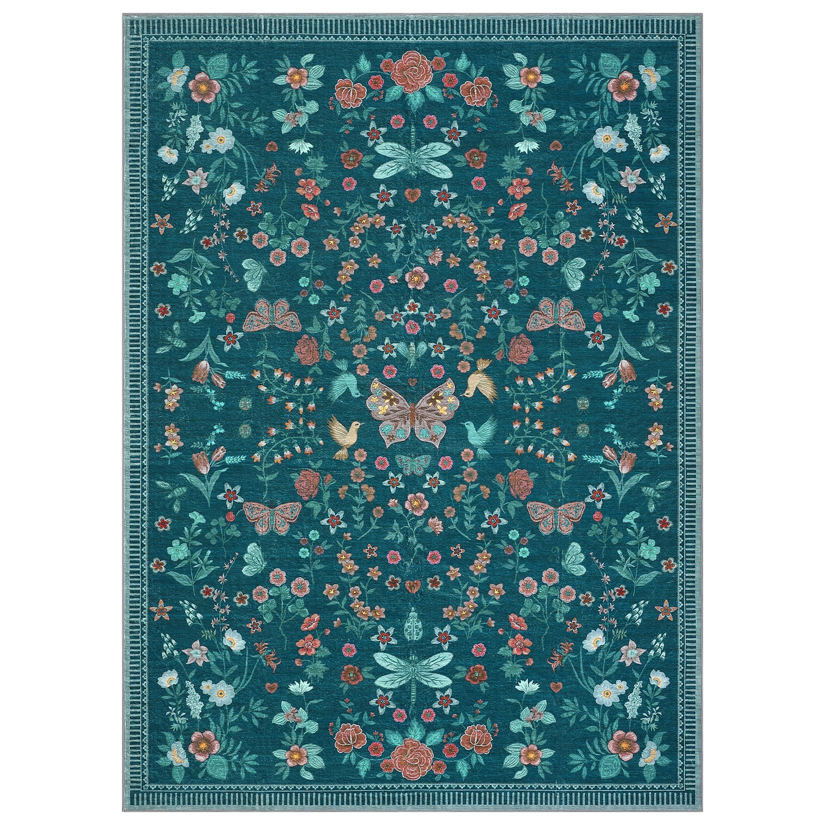 Garvee 5x7 Modern Floral Machine Washable Area Rug for Living Room Bedroom, Dark Green, Large, Non-Slip, Stain Resistant Low Pile Carpet