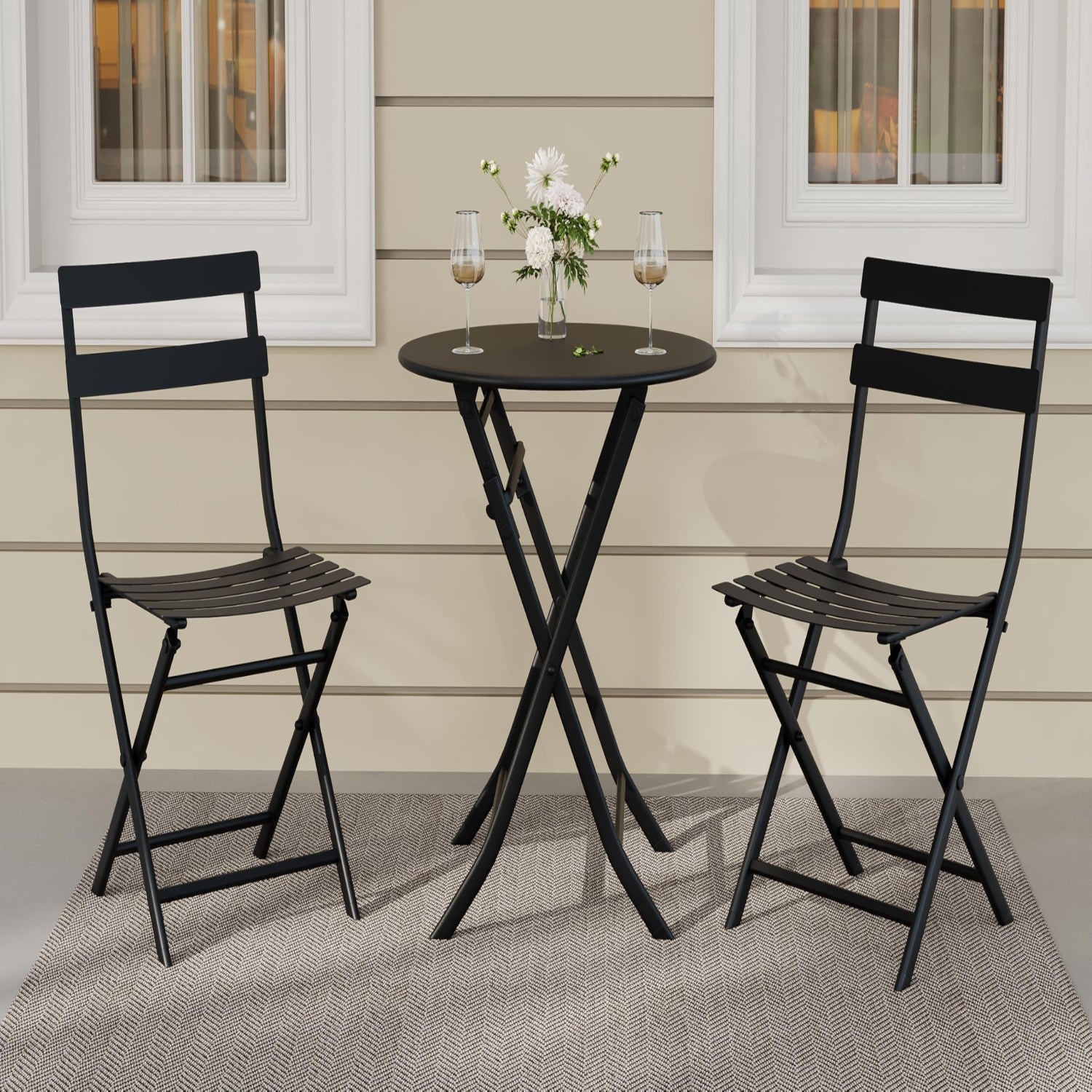 Garvee 3-Piece Folding Patio Bistro Set - Round Table & 2 Chairs, Weather-Resistant, Space-Saving, Premium Frame Outdoor Furniture, Black