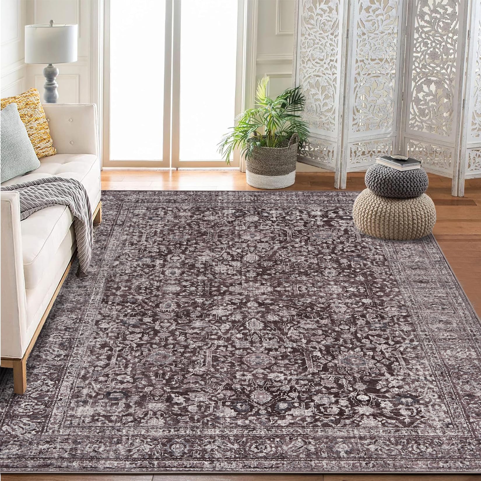 Garvee Vintage Floral Boho Area Rug, Washable Non Slip Low Pile Carpet for Living Room Bedroom Dining Room, 10x13Ft Brown