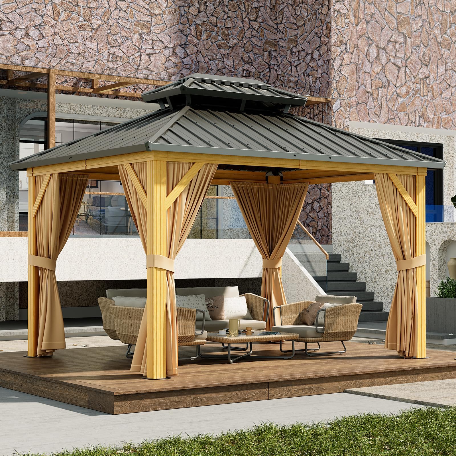 Garvee 10'x13' Outdoor Hardtop Gazebo with Netting and Sunshade Curtains for Patio Terrace Lawn Deck Aluminium Khaki