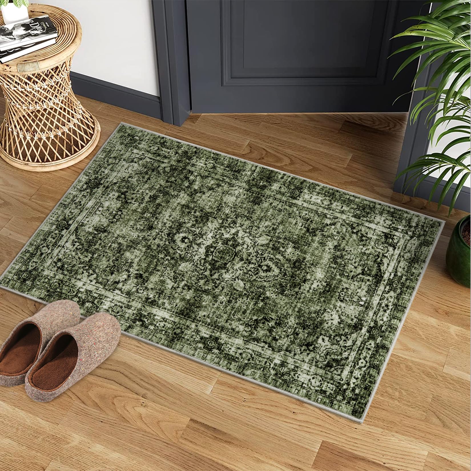 Garvee Washed Back Low Pile Area Rug Washable Non Slip Carpet for Living Room Bedroom Kitchen Dining Room 2x3ft Green