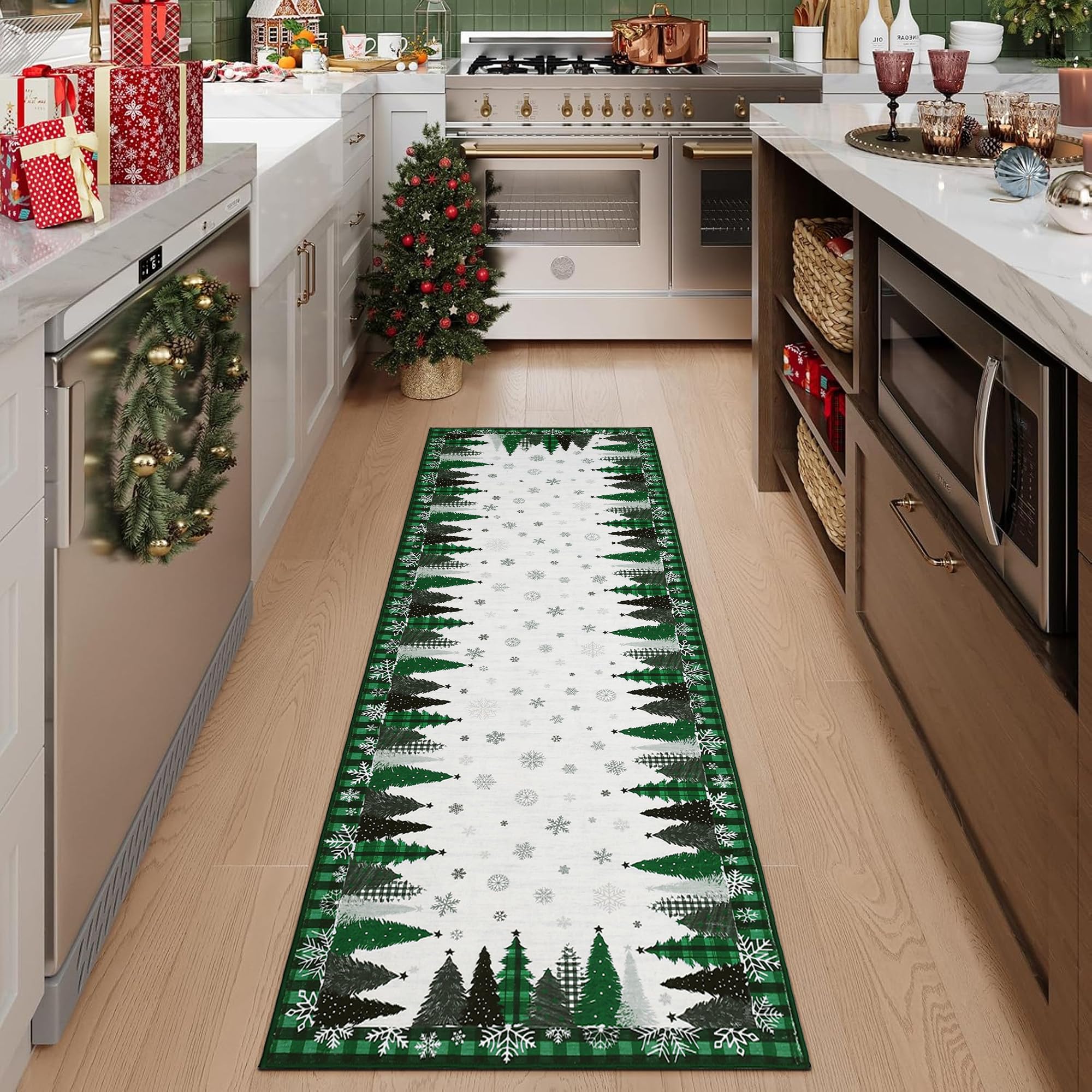 Garvee Christmas Tree Washable Bedroom Area Rug 2x10 Green Non Slip Carpet Holiday Decor