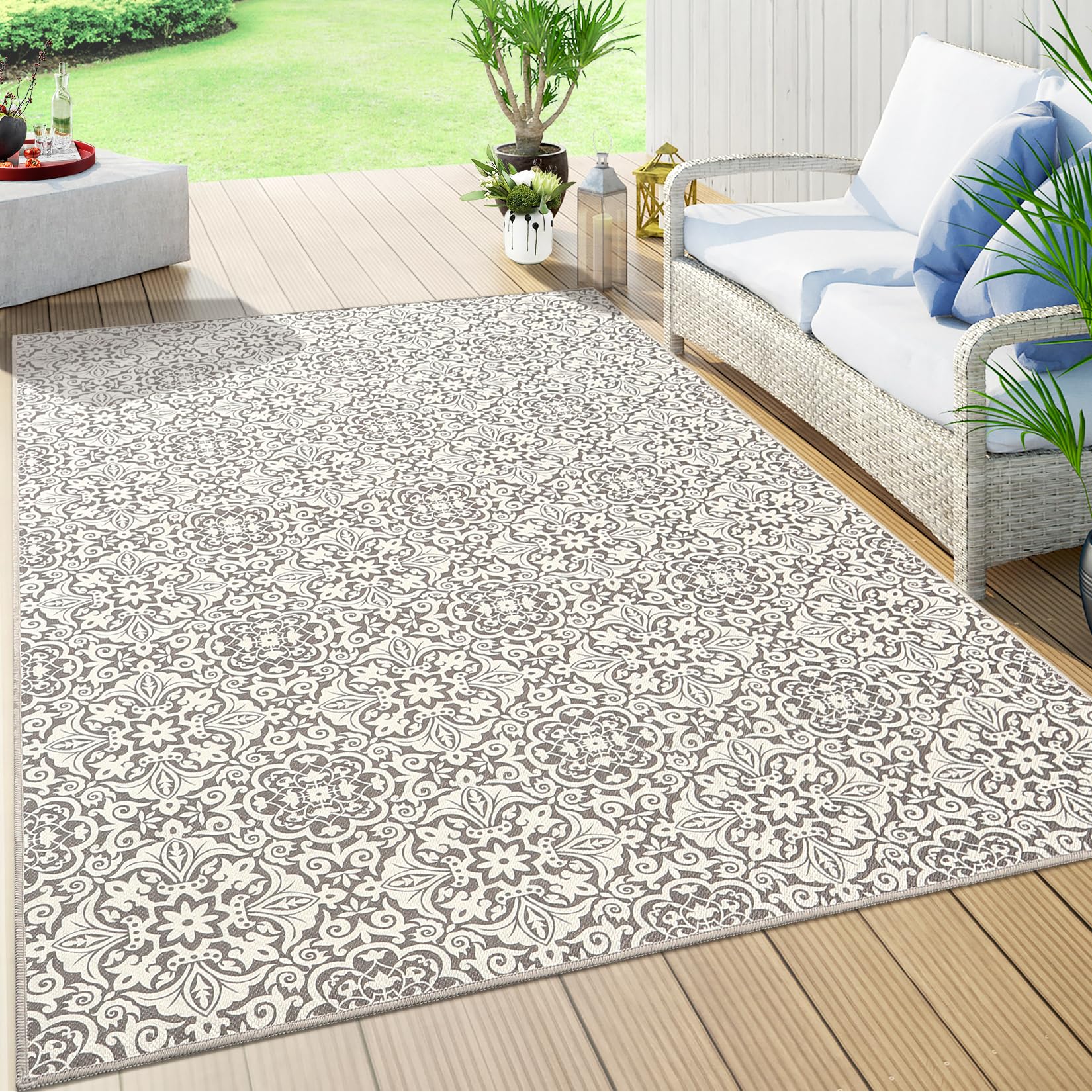 Garvee 8x10 Area Rug Indoor-Outdoor Area Rug Vintage Floral Area Rug Ultra-Thin Non Slip Floor Mat Easy-Cleaning Farmhouse Rug for Living Room Bedroom