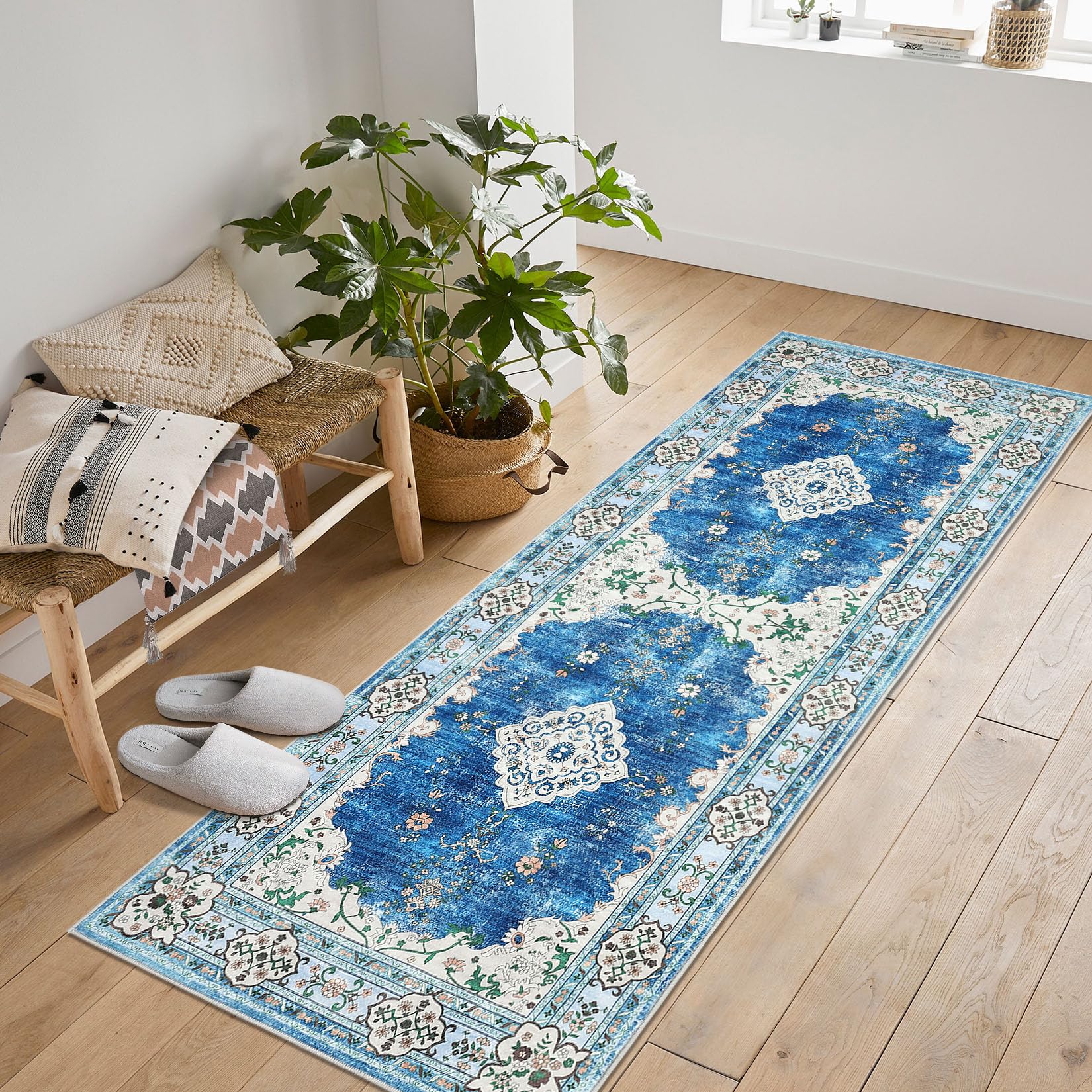 Garvee Washable Runner Rug 2x6 Blue Non Slip Boho Vintage Distressed Oriental Floor Carpet for Hallways Kitchen Bedroom Entryway Living Room Bathroom
