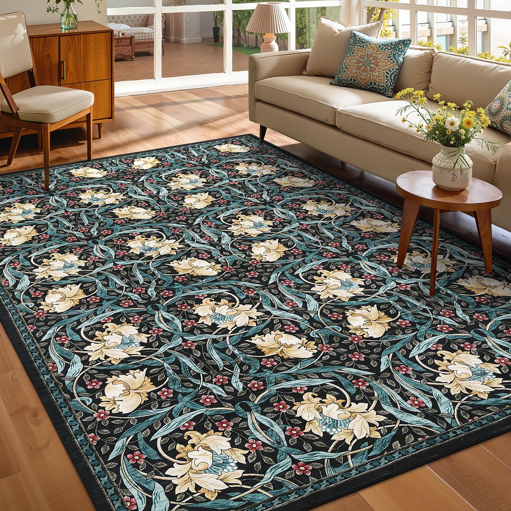 Garvee 5x7 Green Floral Area Rug Washable Non Slip Soft Low Pile Retro Floor Mat for Living Room Bedroom Dining Room Playroom
