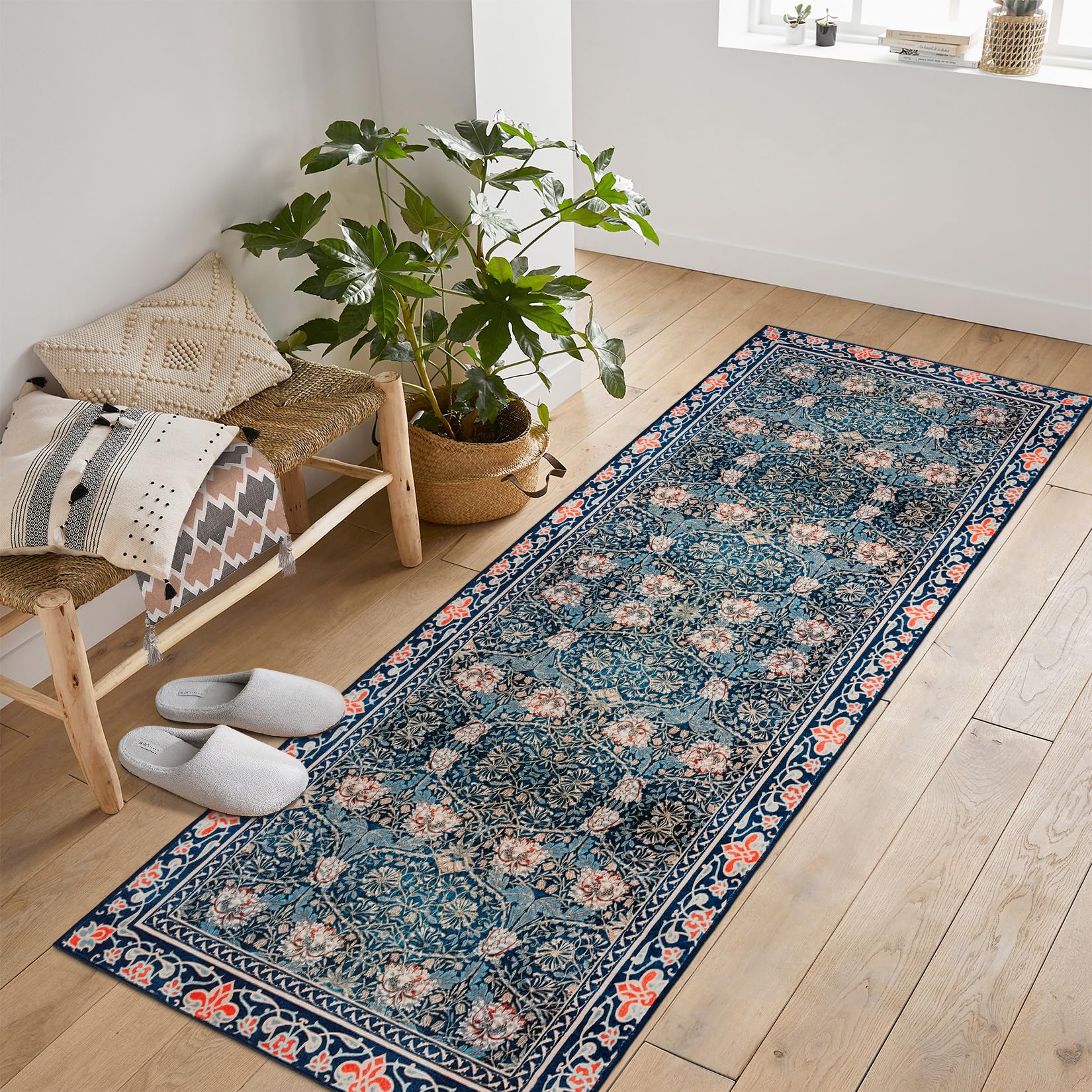 Garvee Area Rug Vintage Floral Carpet Machine Washable Non-Slip Low Pile Blue 2x6Ft for Living Room Bedroom Dining Farmhouse