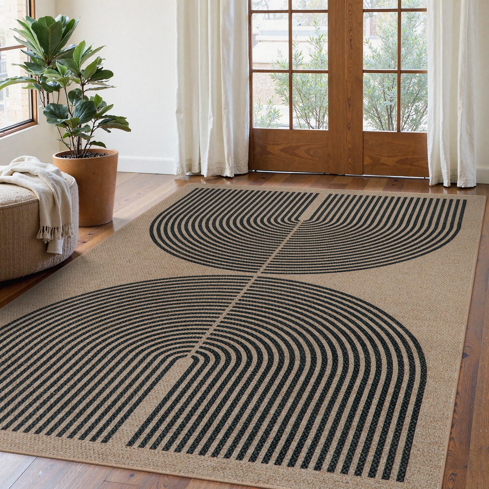 Lahome Modern Rainbow Easy Jute Rug, Washable Rugs 5x7 for Living Room Bedroom Black Farmhouse Indoor Outdoor Patio Carpet, Contemporary Natural Throw