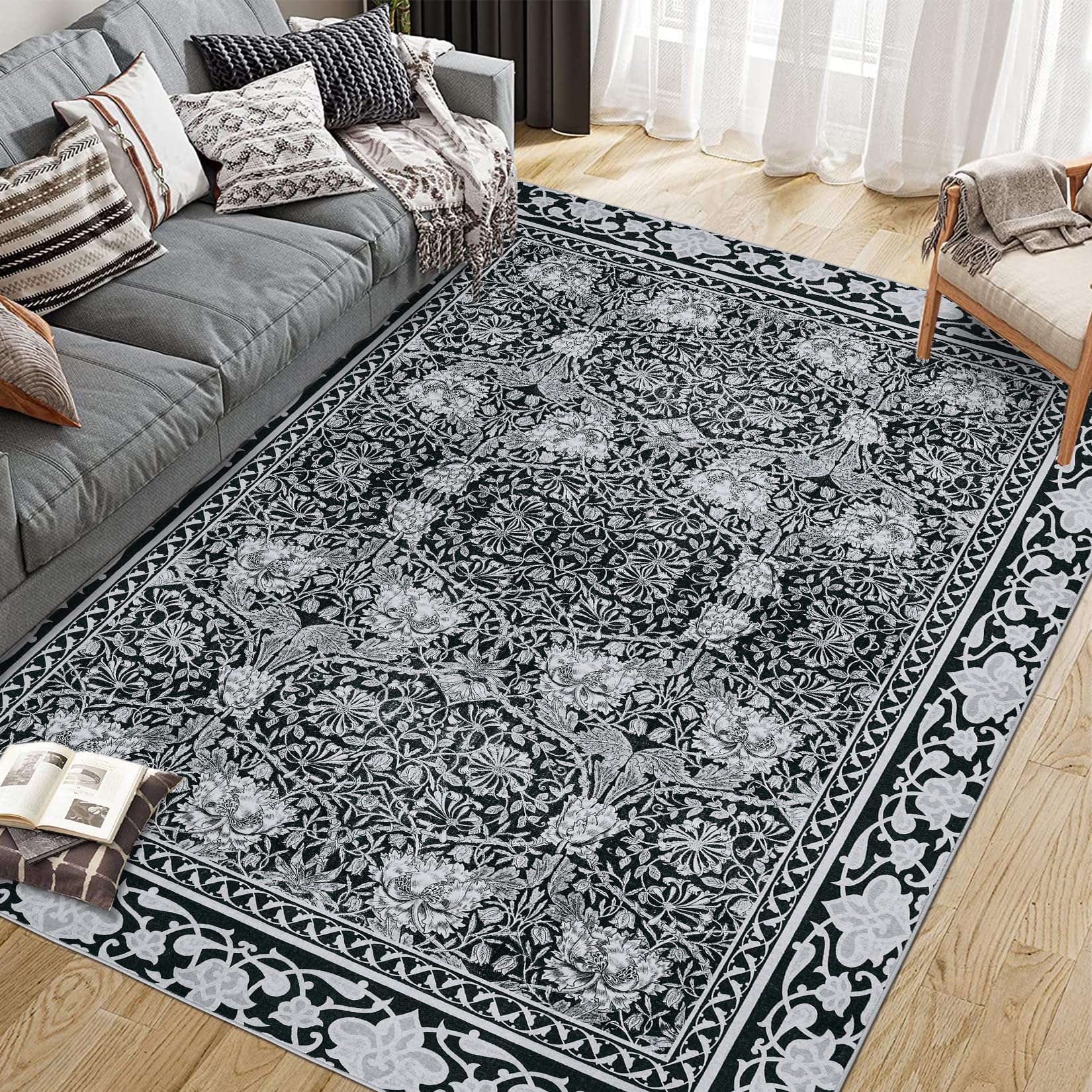 Garvee Area Rug Vintage Floral Printed Non-Slip Low Pile Machine Washable Carpet for Living Room Bedroom Grey 8x10Ft