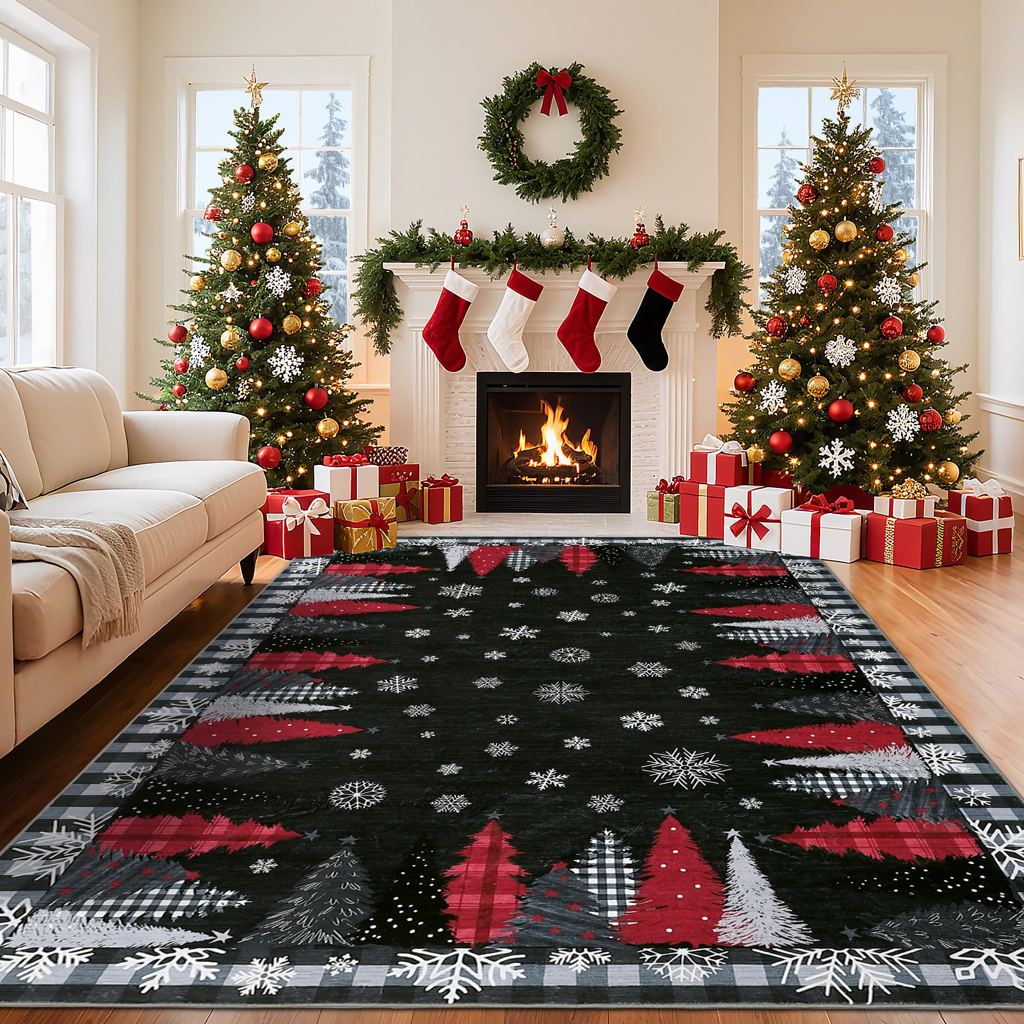 Garvee Christmas Tree Washable Rug Black 9x12 Living Room Area Carpet Easy to Clean Large