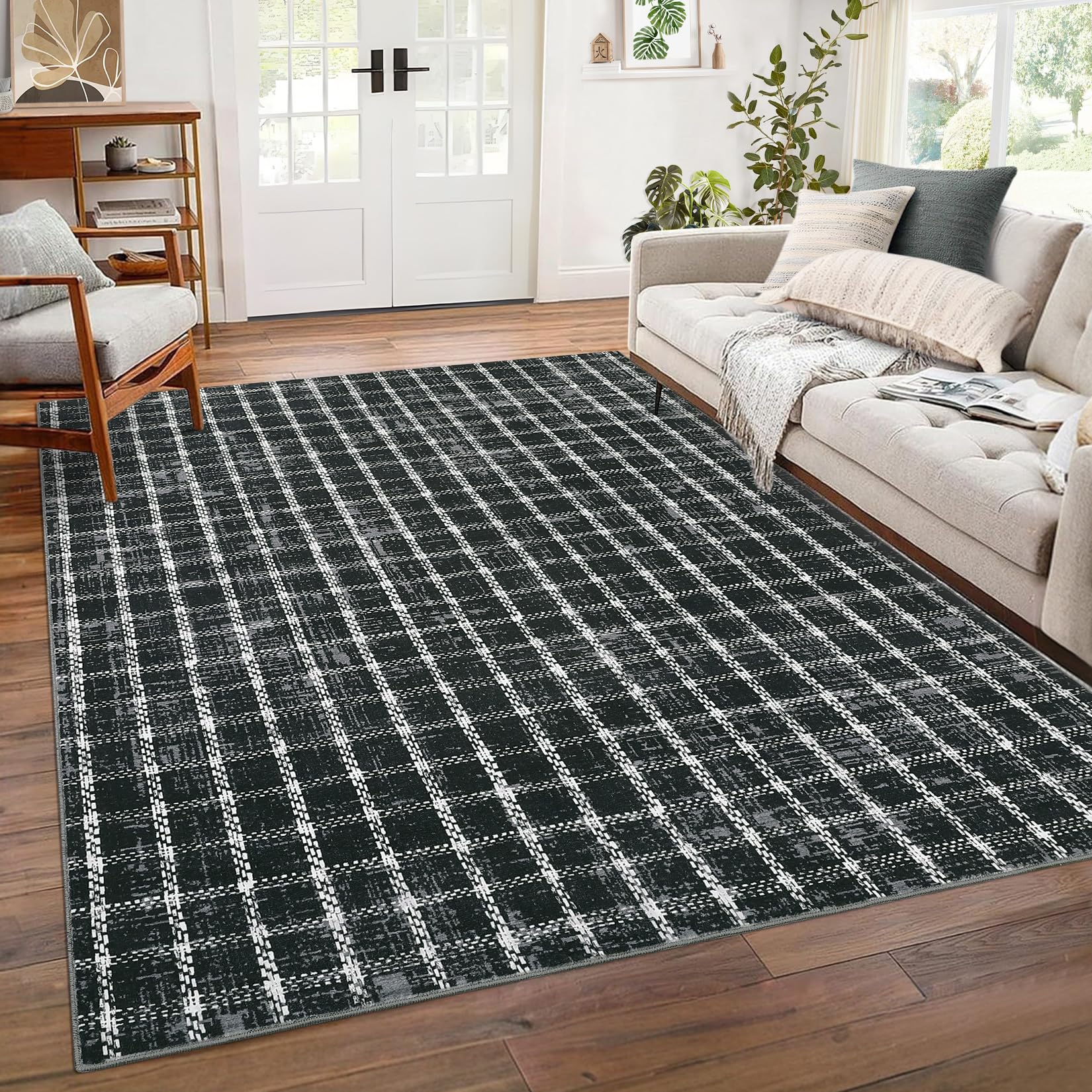Garvee Living Room Rugs 8x10 Large Farmhouse Floor Carpet, Ultra-Soft Low Pile, Non-Shedding, Machine Washable, Black