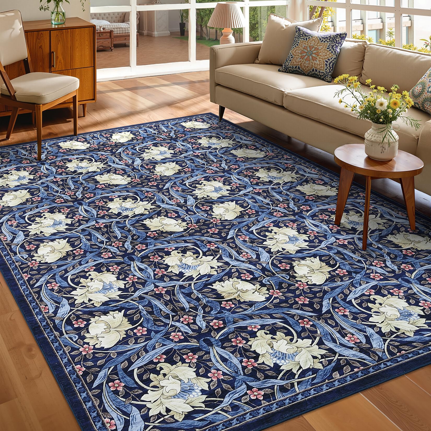 Garvee Blue Living Room Rug 10x13 Washable Vintage Floral Print Large Carpet Soft Non Slip Bedroom Rugs Retro Accent Floor Cover for Dining Room Nurse