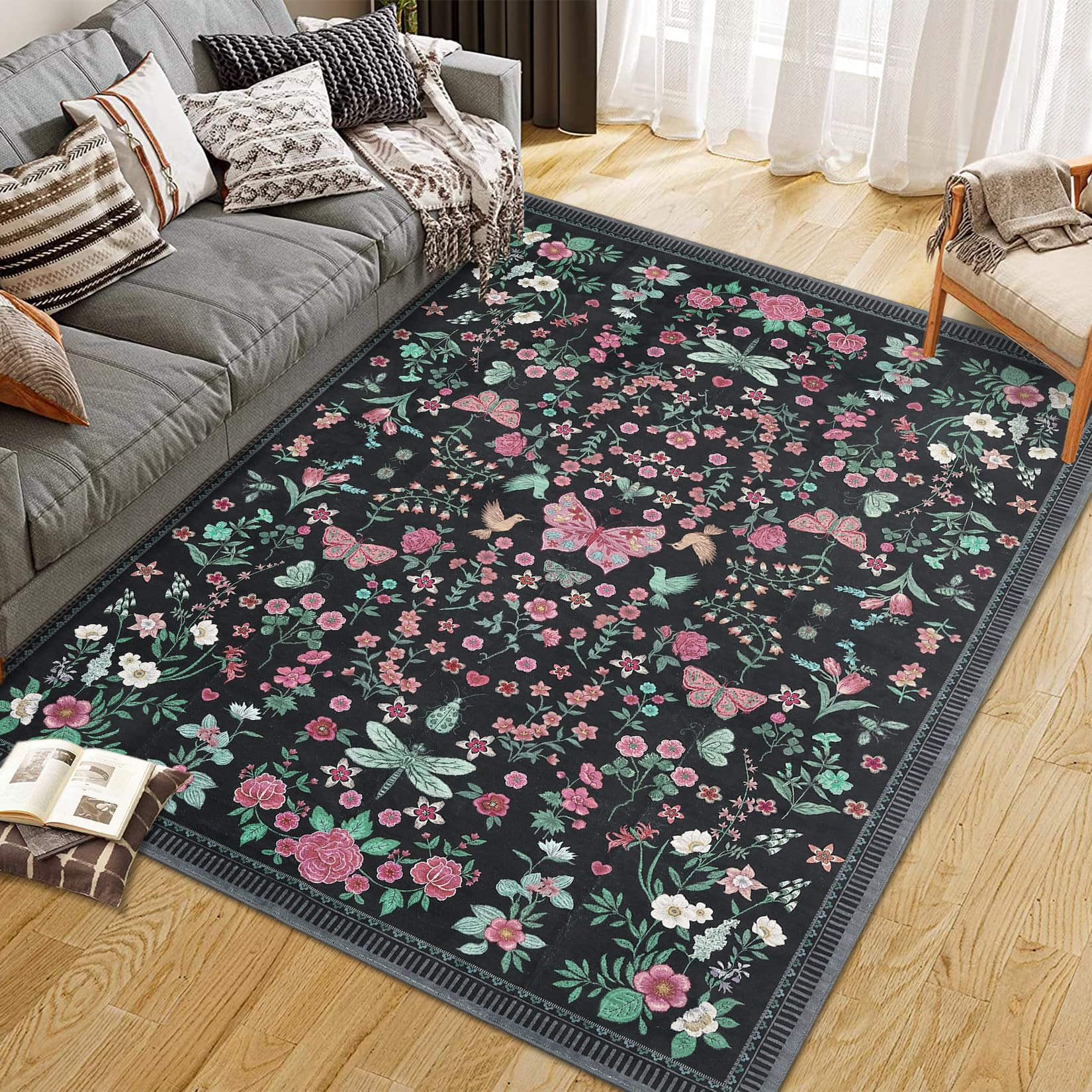 Garvee Washable 8x10 Area Rugs Floral Non Slip Low Pile Stain Resistant Large Carpet Black for Living Room Bedroom Dining Room