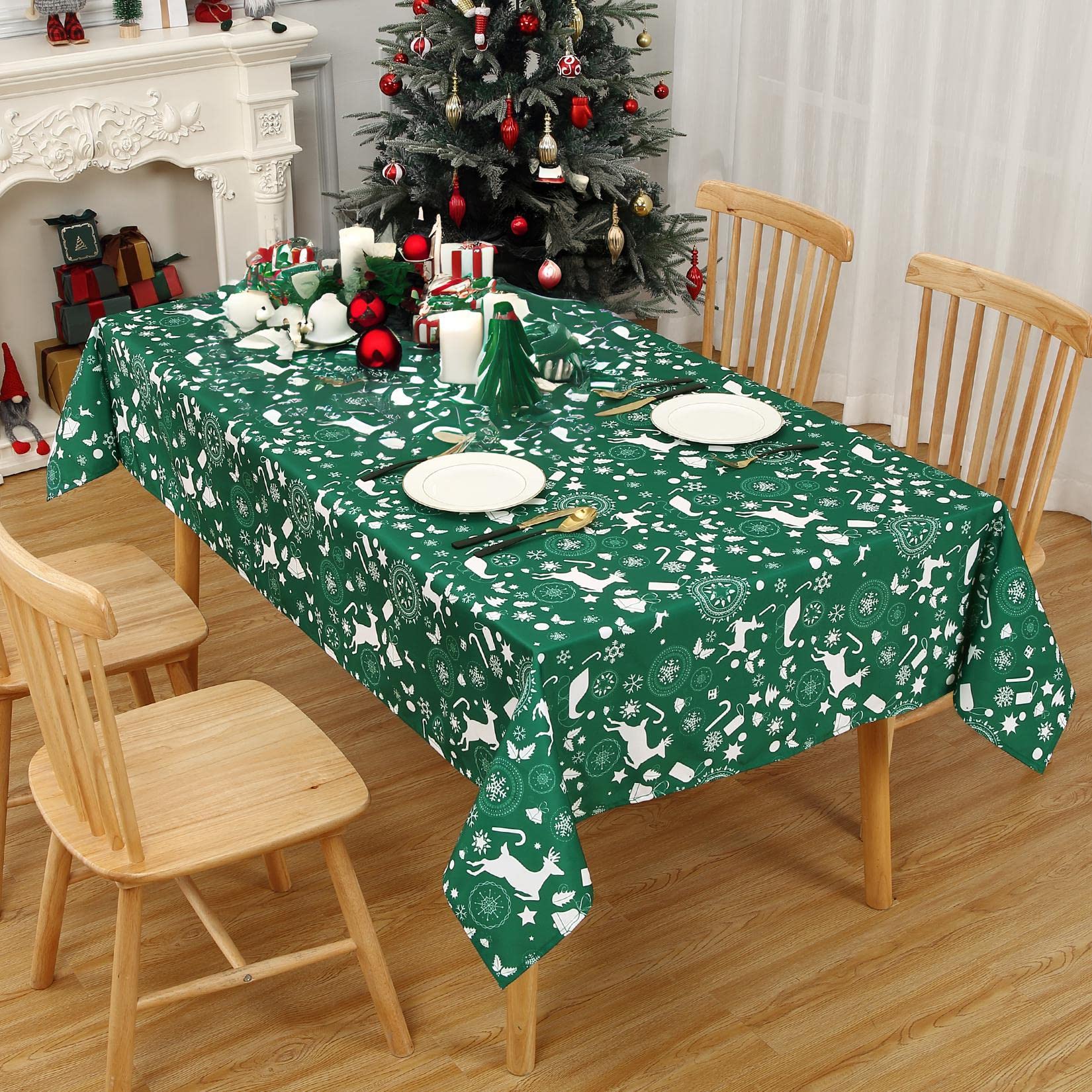 Garvee Green Tablecloth Christmas Table Cloths Spill Proof Anti-Wrinkle Polyester Xmas Table Cloth for Kitchen Parties Holiday Dinner Tabletop, Rectan