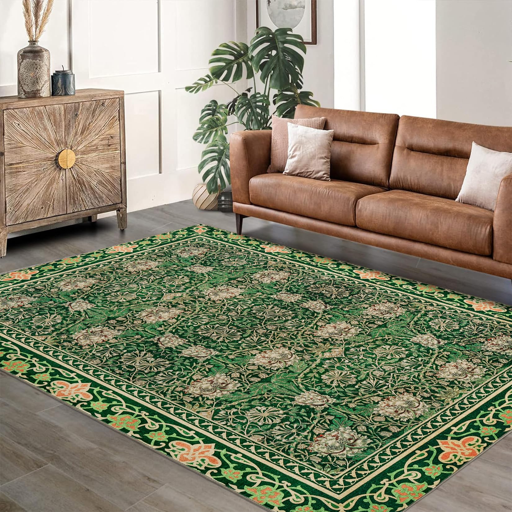 Garvee Area Rug Vintage Floral Carpet Machine Washable Non-Slip Low Pile for Living Room Bedroom Green 9x12Ft