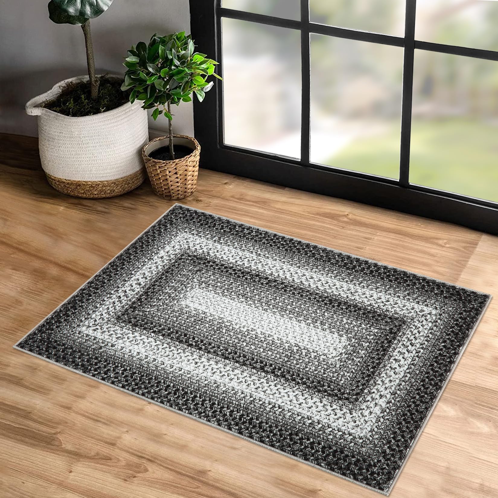 Garvee Bordered Grey 2x4 Area Rugs, Small Entryway Rug Machine Washable Braided Printed Grey Rustic Farmhouse Carpet