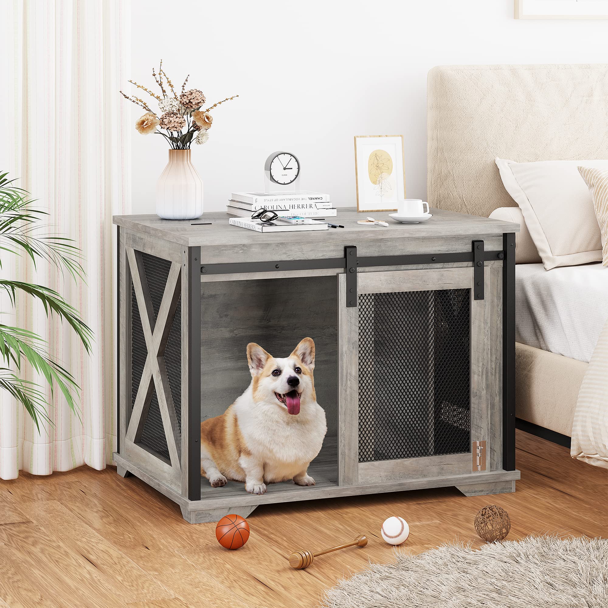 Garvee 37'' Dog Crate Furniture Side End Table with Flip Top and Movable Divider, Wooden Dog Crate Table Large, Style Dog Kennel Side End Table, Grey