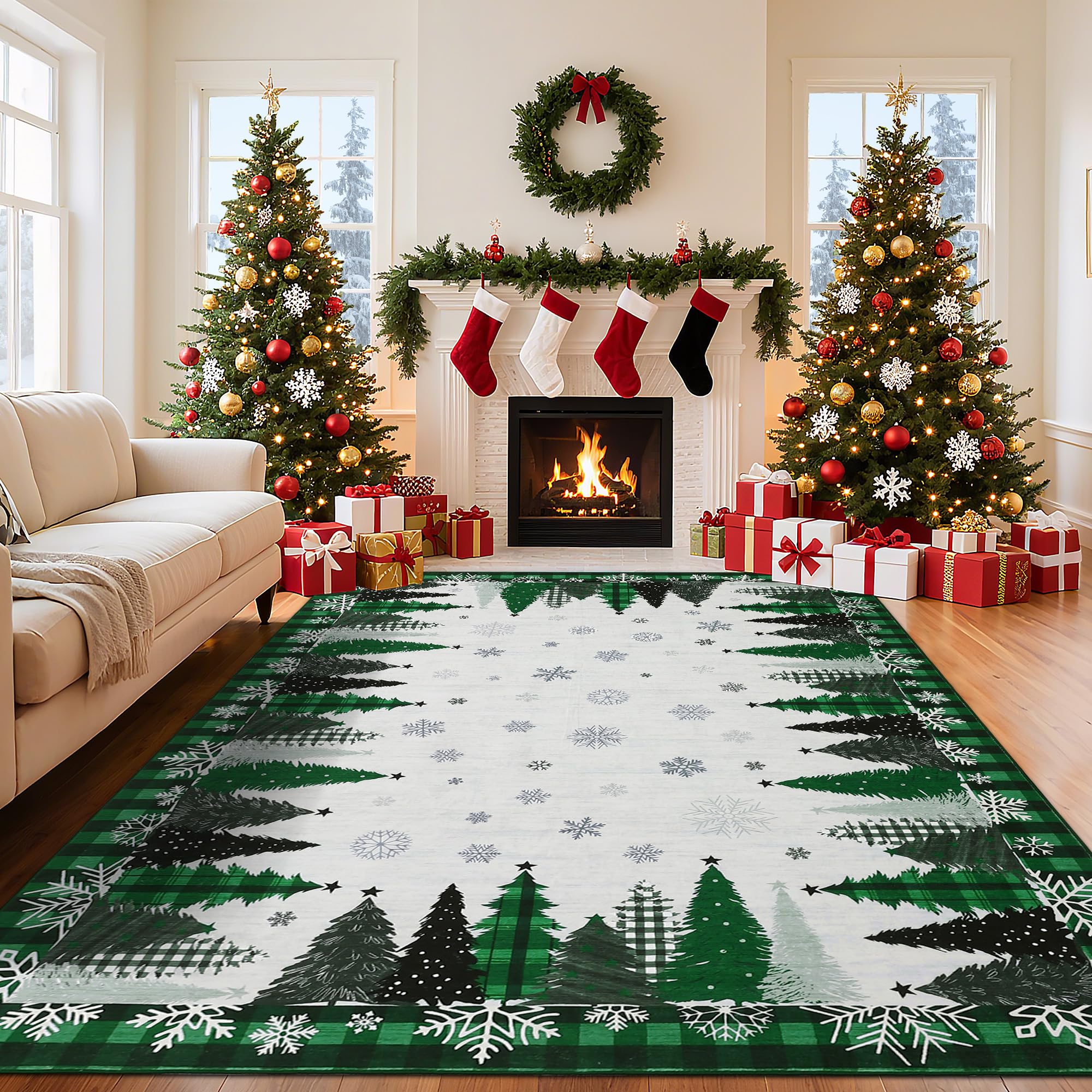 Garvee Christmas Tree Washable Green Bedroom Area Rug 9x12 Thin Easy to Clean Large Carpet