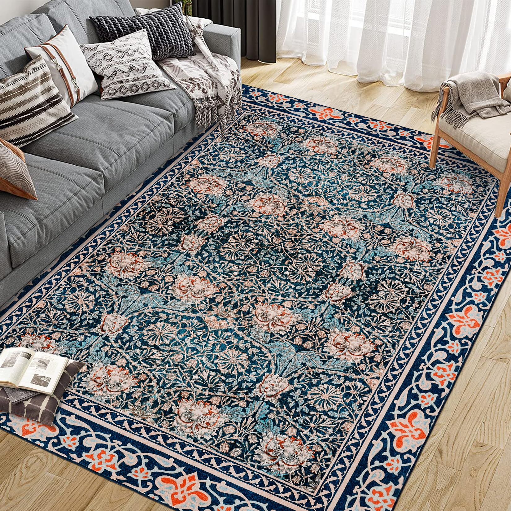 Garvee Area Rug Vintage Floral Carpet Machine Washable Non-Slip Low Pile for Living Room Bedroom Laundry Dining Farmhouse Blue 10x13Ft
