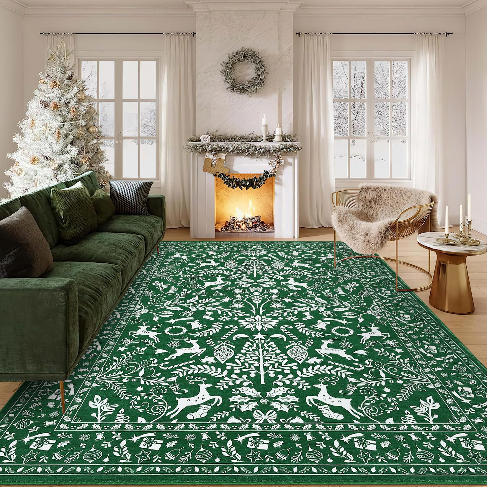 Garvee Christmas Area Rugs 6x9 Non-Slip Machine Washable Festive Carpet Green for Living Room Bedroom