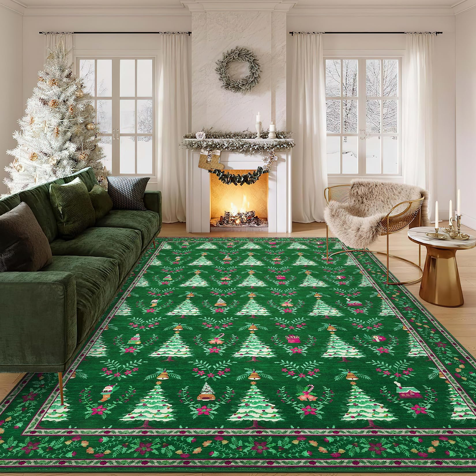 Garvee Christmas Tree Printed Floor Mat Green Indoor Machine Washable Soft Thin Area Rug 8x10ft