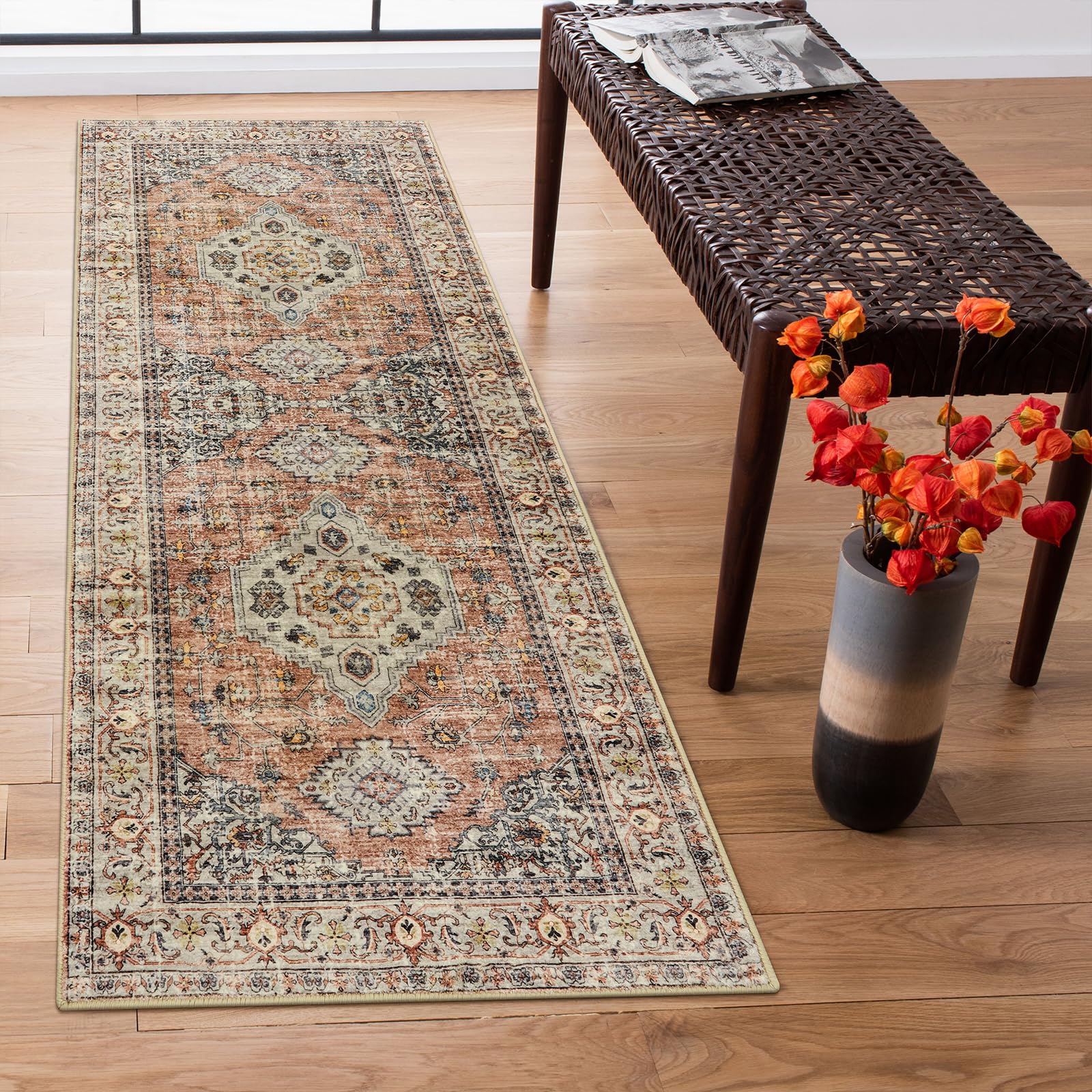Lahome Oriental Washable Rug Runners for Hallways, 2x5 Kitchen Runner Rug Non Slip with Rubber Backing Ultra-Thin Vintage Carpet for Bedroom Bathroom,