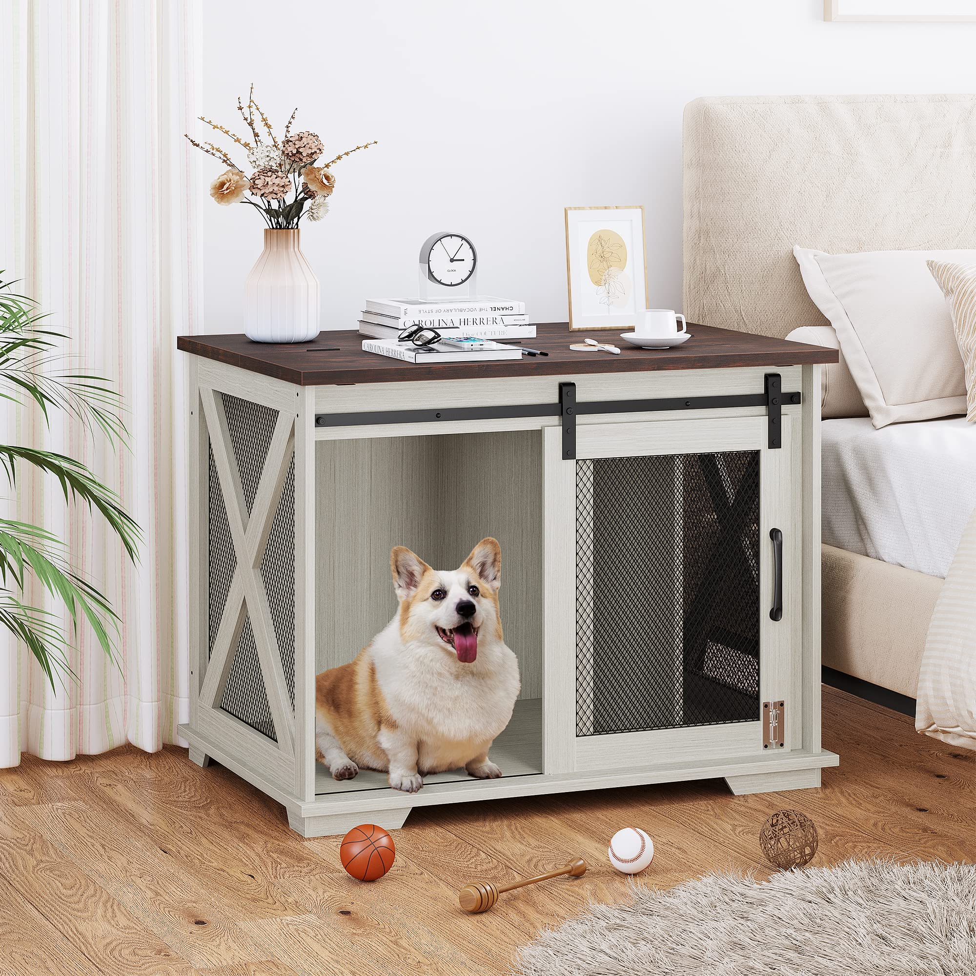 Garvee 37'' Dog Crate Furniture Side End Table with Flip Top and Movable Divider, Wooden Dog Crate Table Large, Style Dog Kennel Side End Table, White
